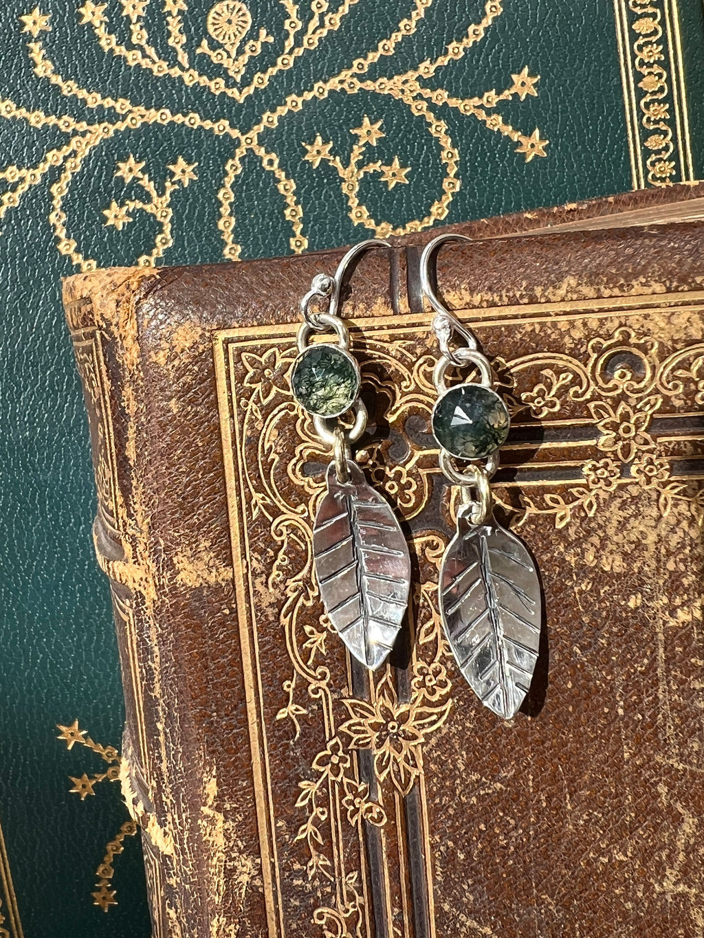 Moss Agate Natural Leaf Dangling Earrings