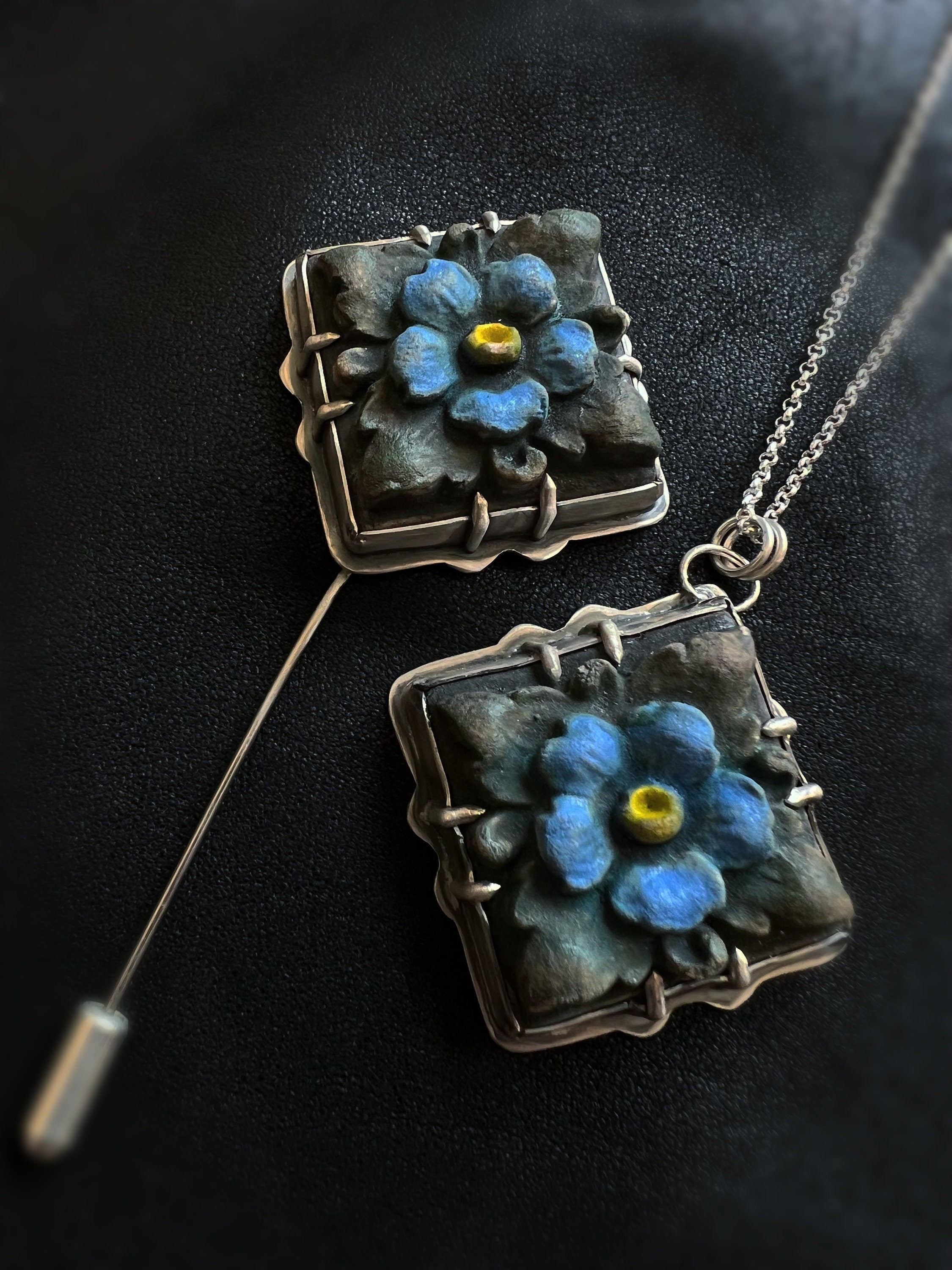 Forget-Me-Not Flower Tile Necklace Pendant in collaboration with Alexis Ellison