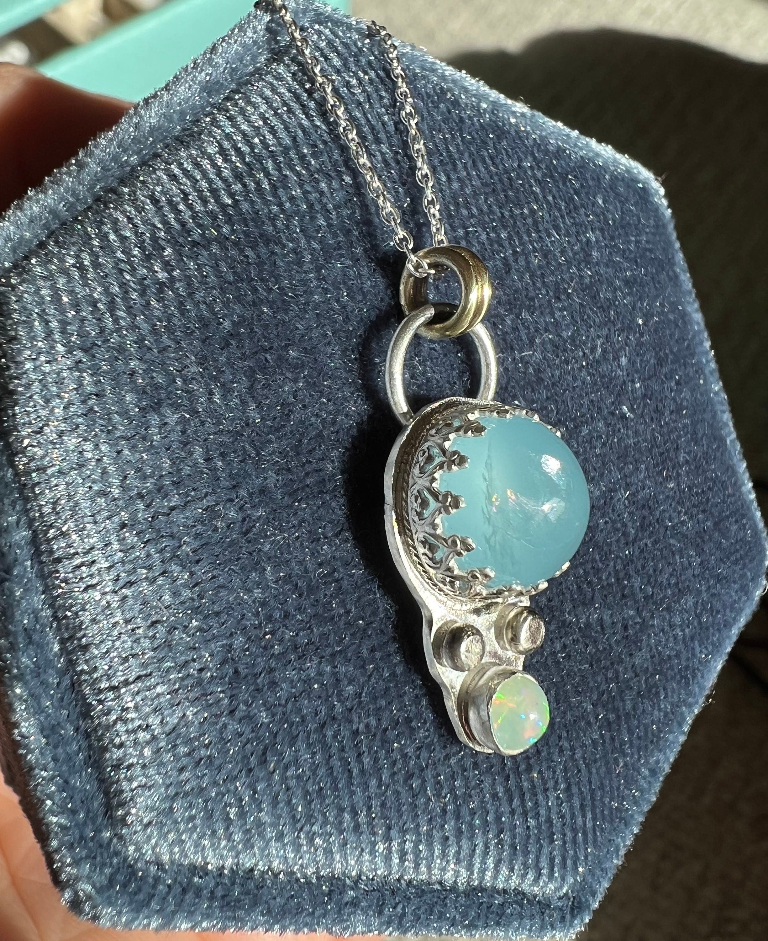 Aquamarine and Opal Rainbow Pendant Necklace