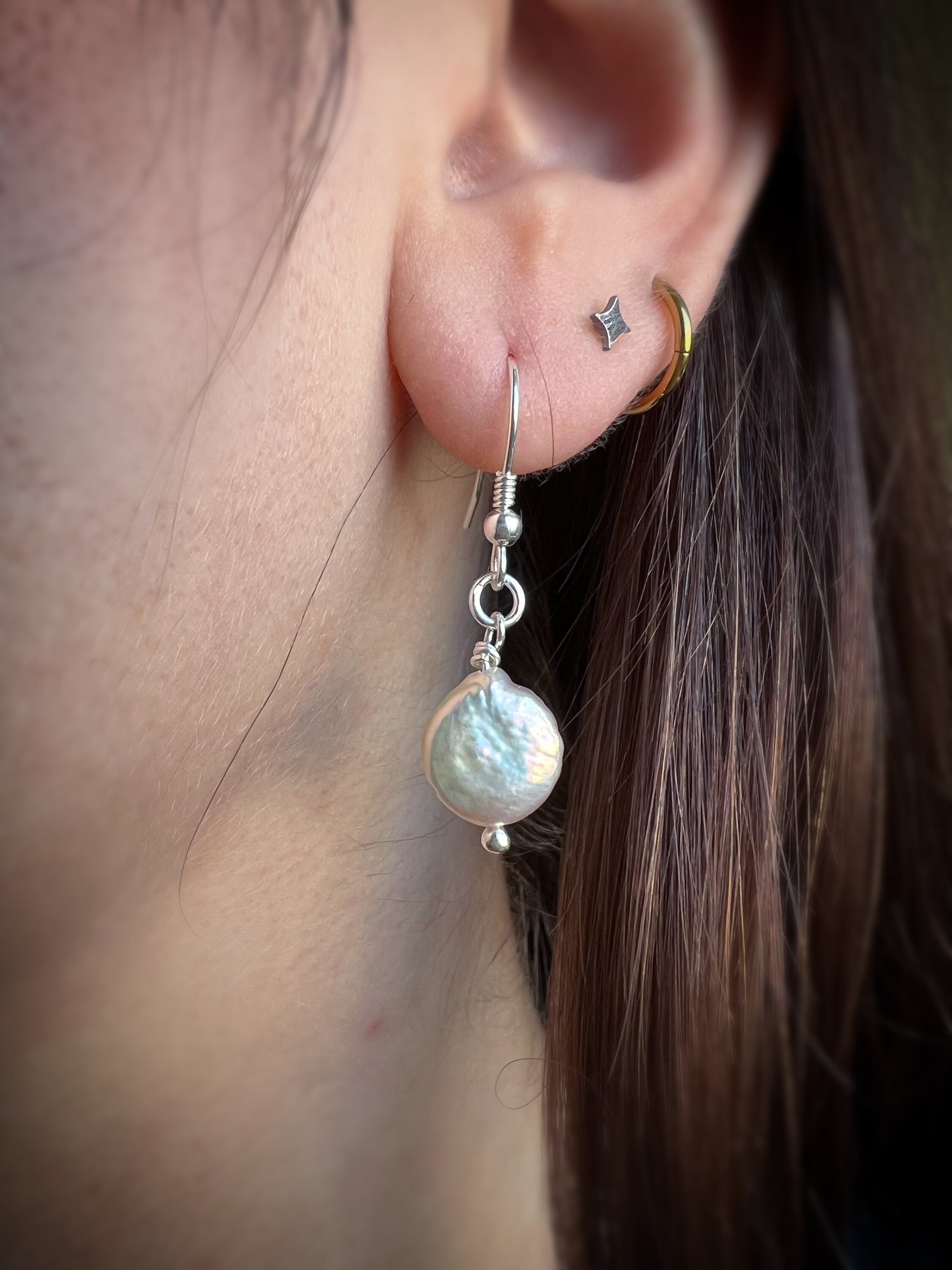 Pearl Moon - Button Pearl Dangling Drop Earrings