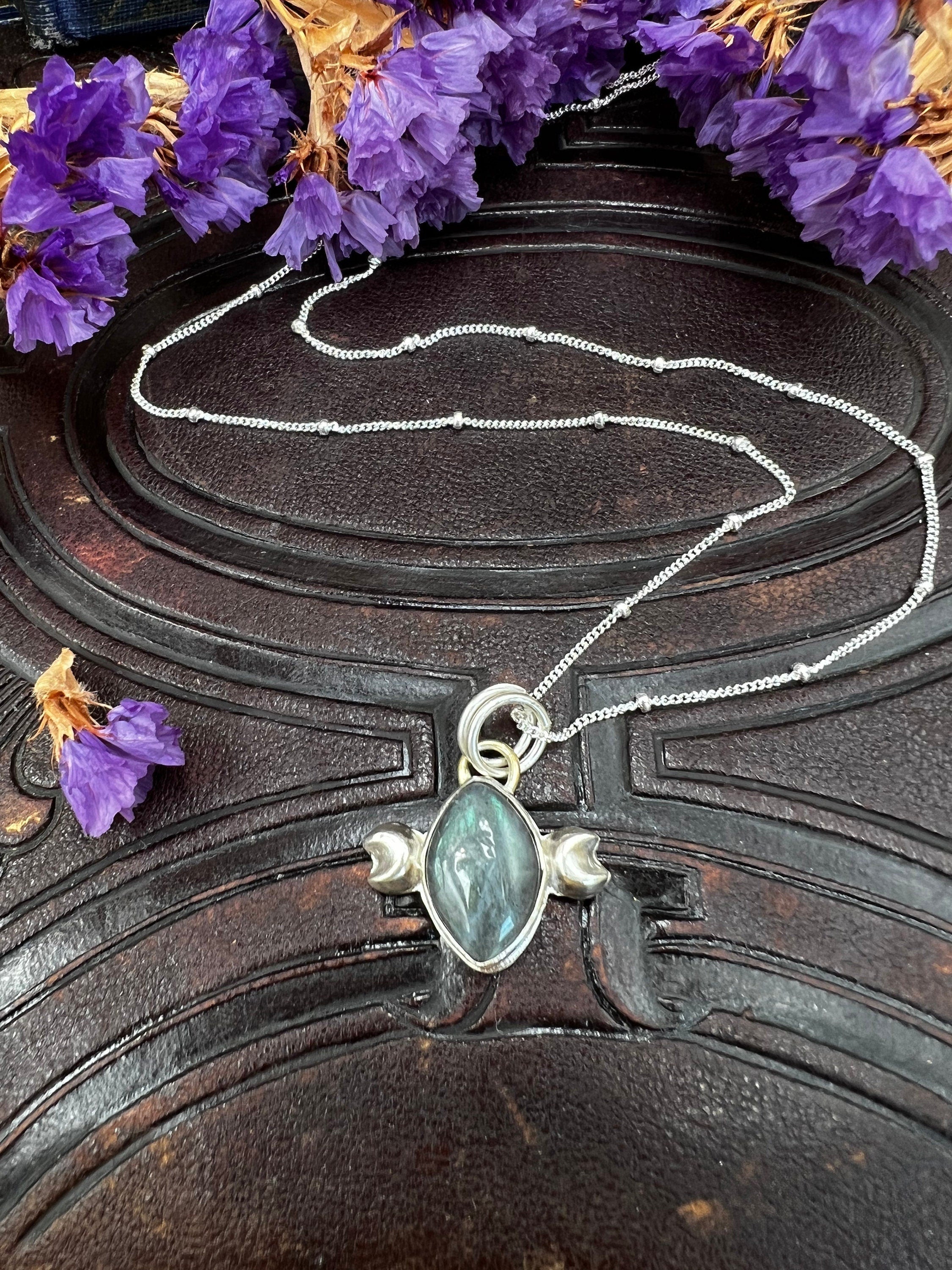 Crescent Moon Cat Eye Labradorite Pendant Necklace