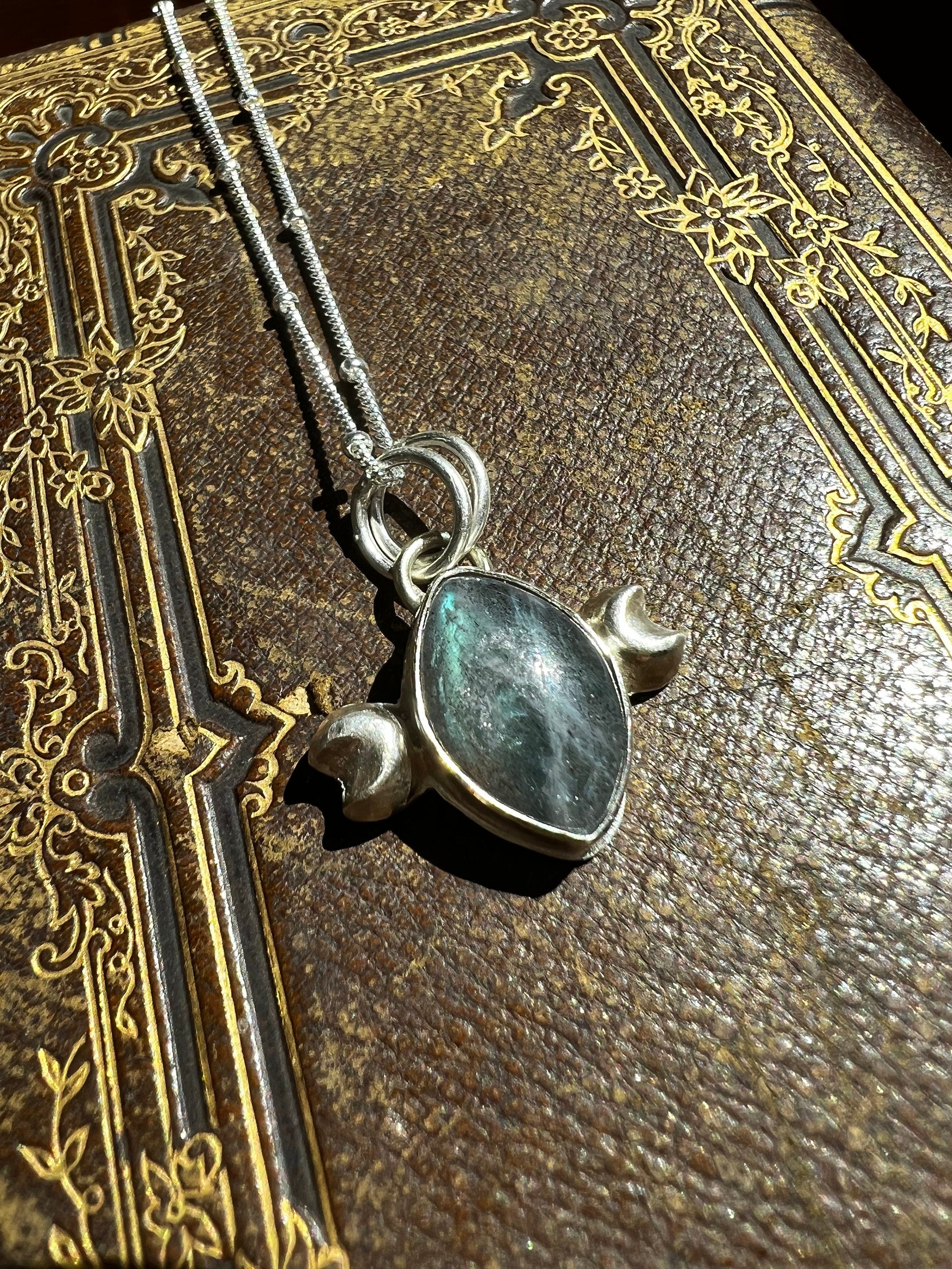 Crescent Moon Cat Eye Labradorite Pendant Necklace