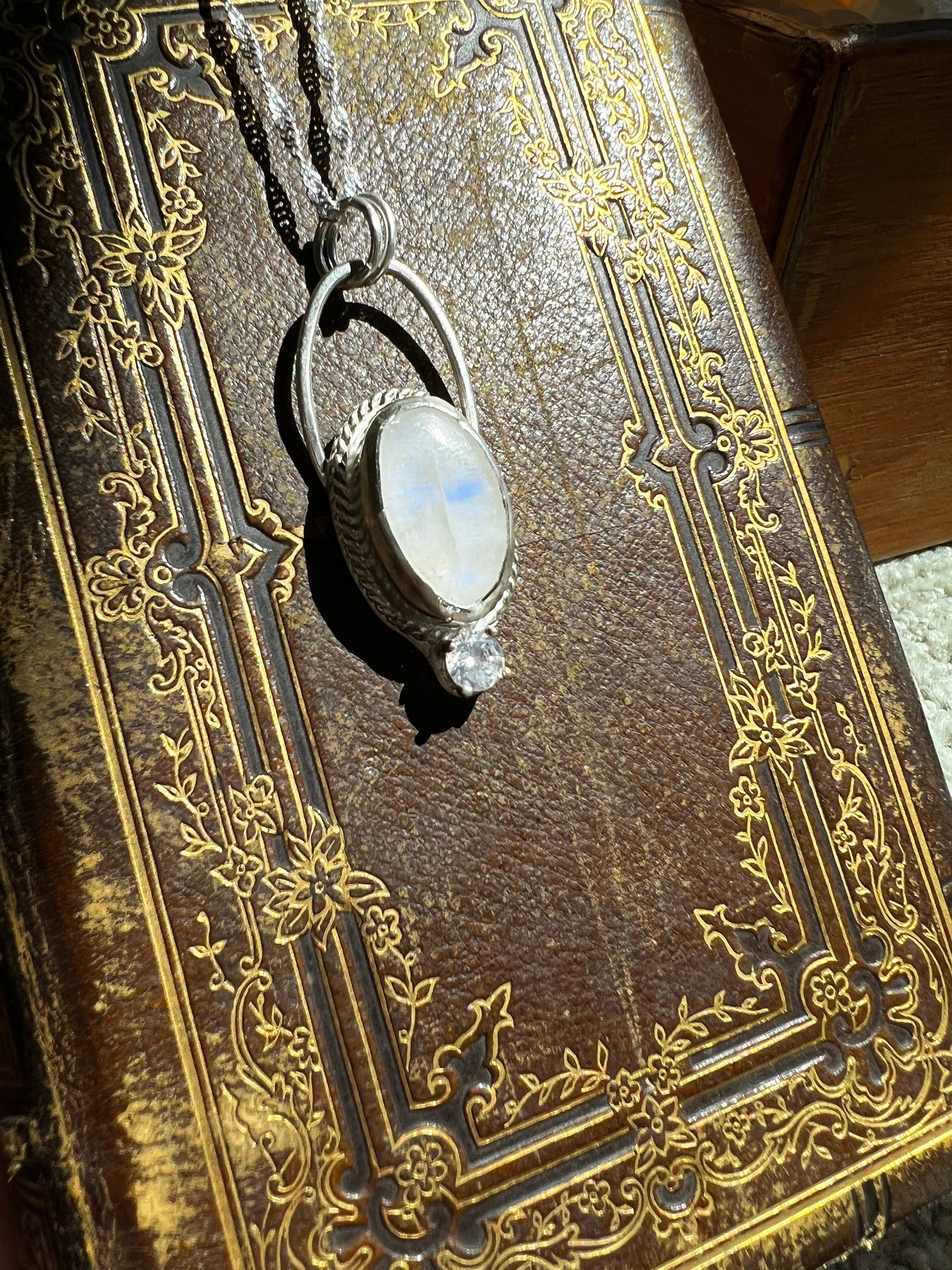 Moonstone and CZ Crystal Pendant Necklace