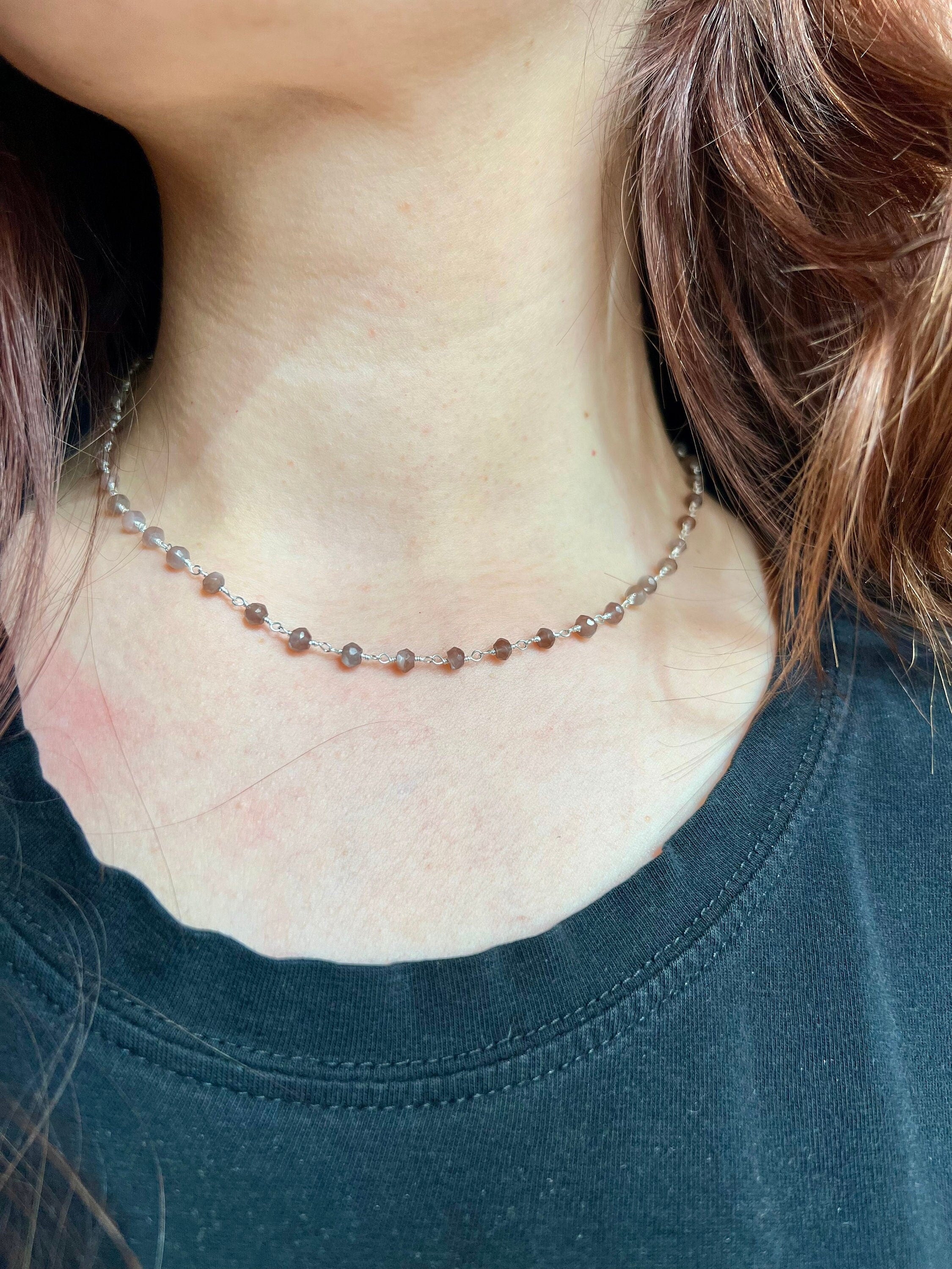 Cat Eye Smoky Rose Quartz Rosary Chain Choker Necklace 16"