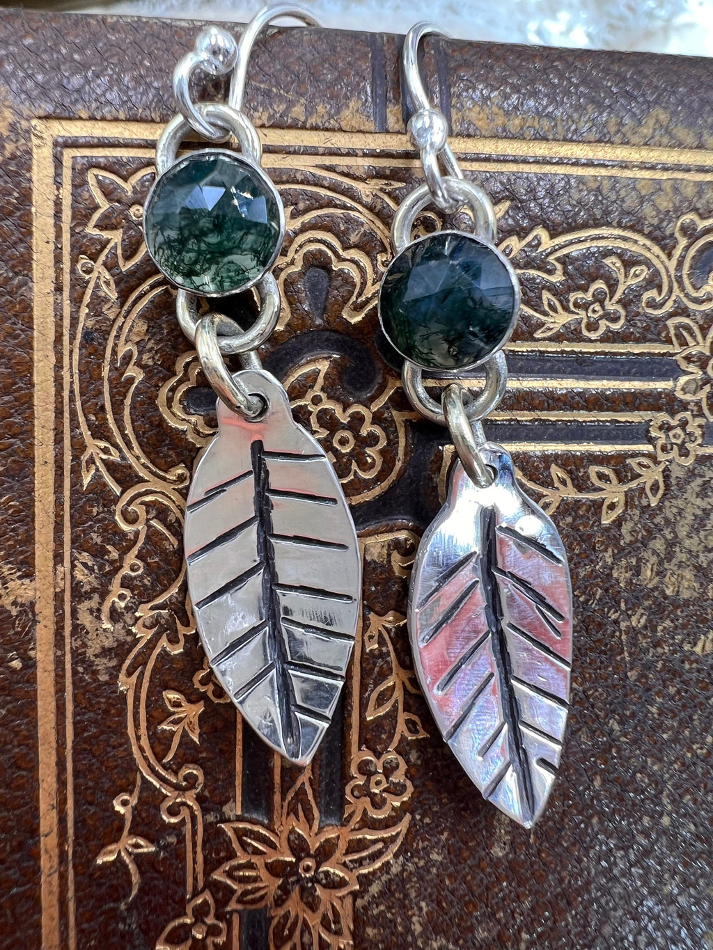 Moss Agate Natural Leaf Dangling Earrings