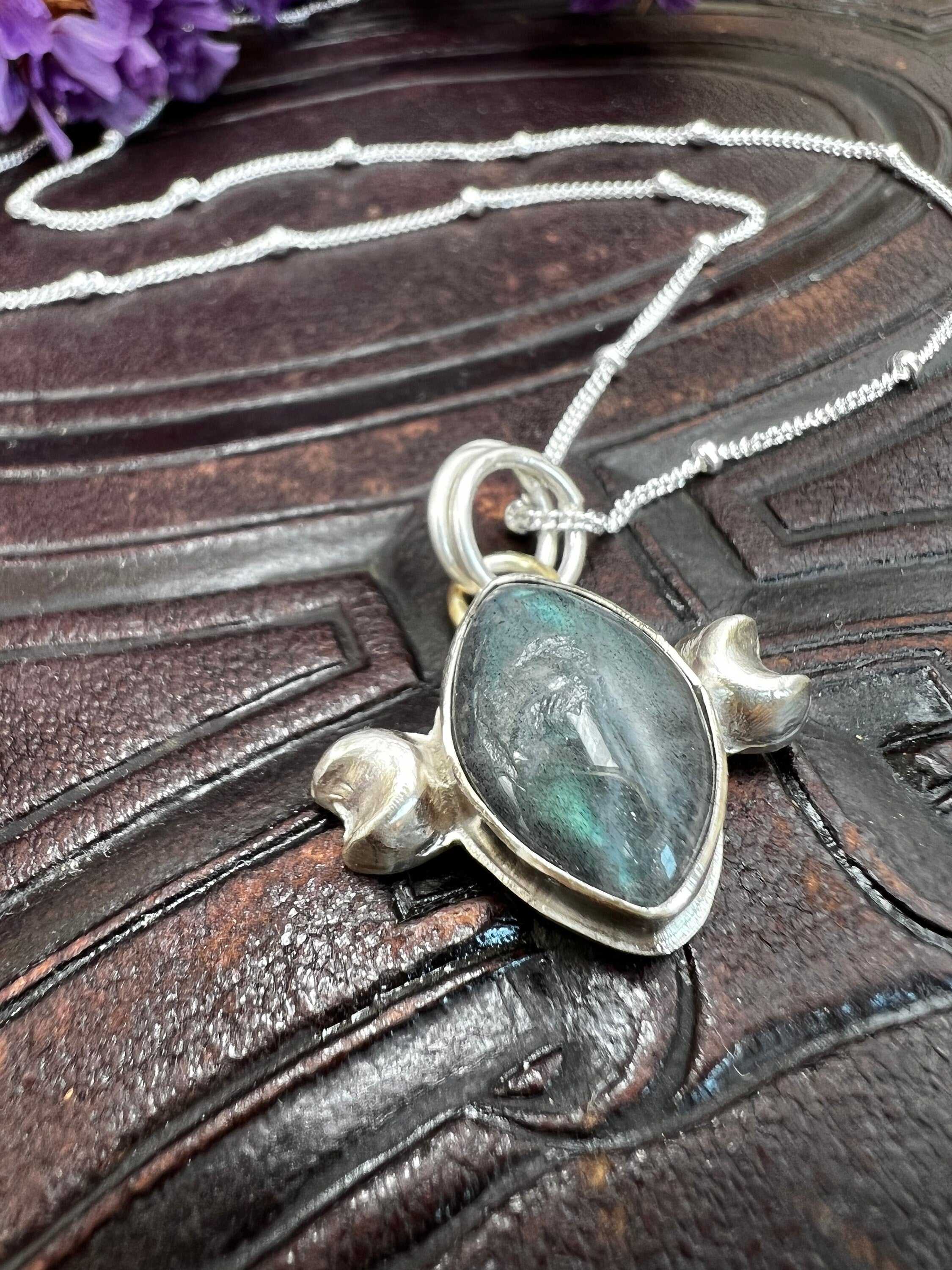 Crescent Moon Cat Eye Labradorite Pendant Necklace