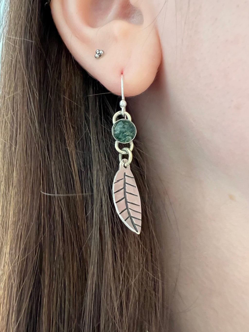 Moss Agate Natural Leaf Dangling Earrings