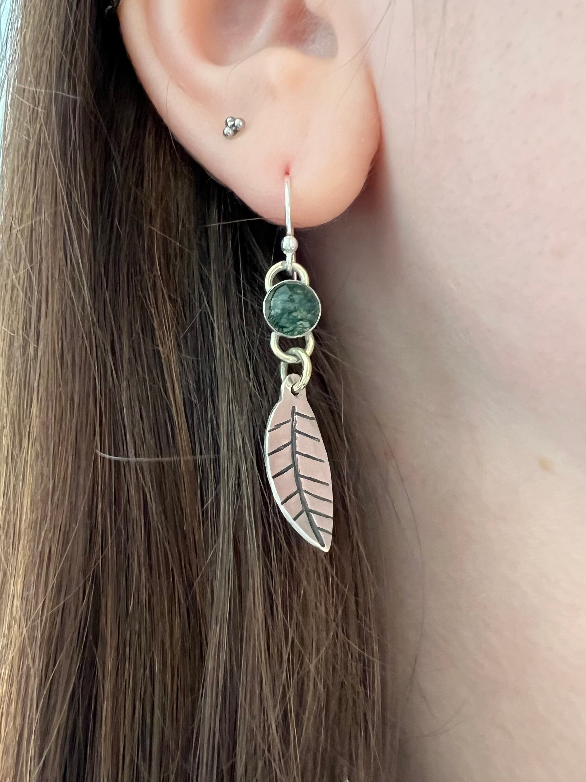 Moss Agate Natural Leaf Dangling Earrings