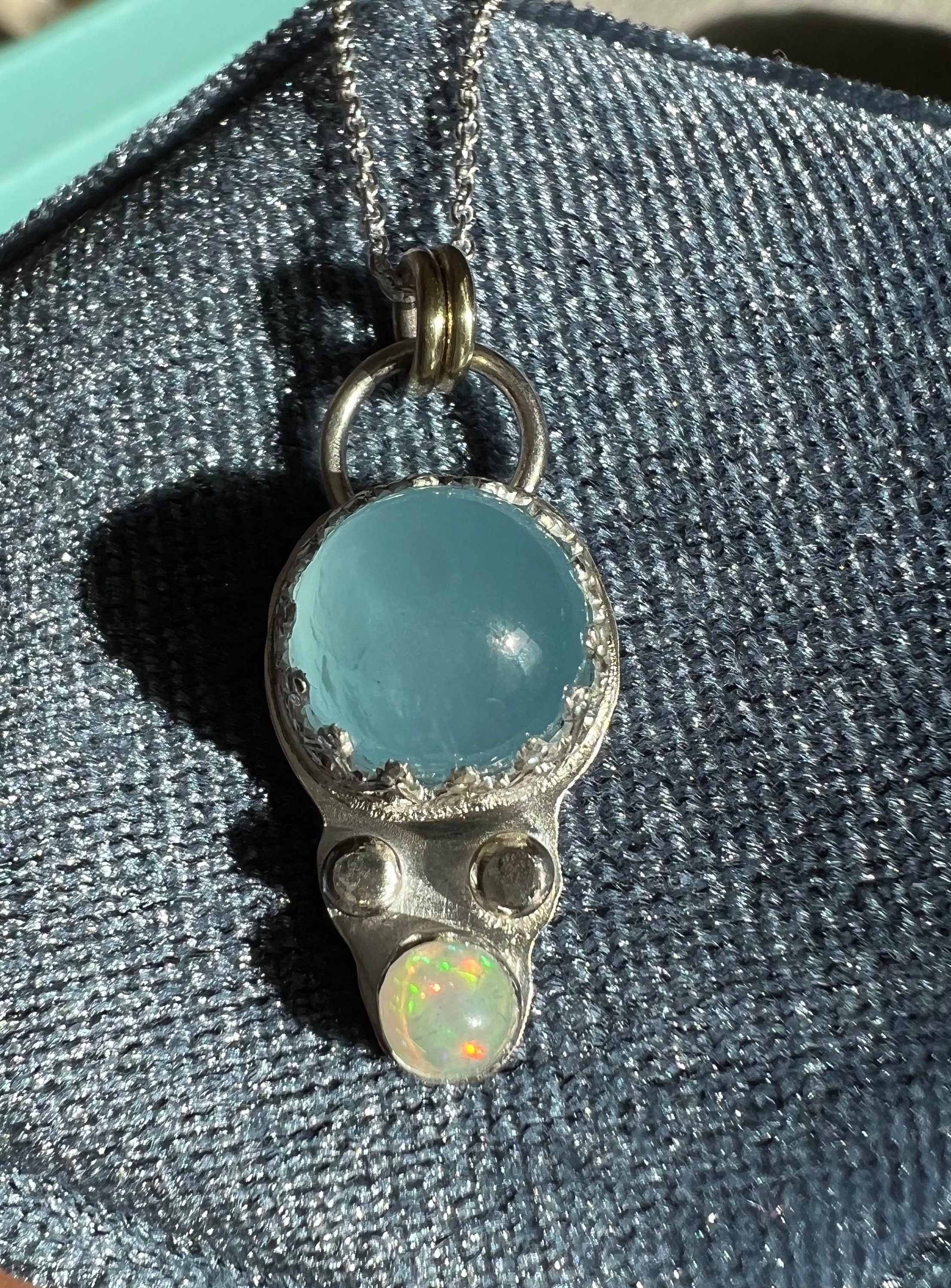 Aquamarine and Opal Rainbow Pendant Necklace