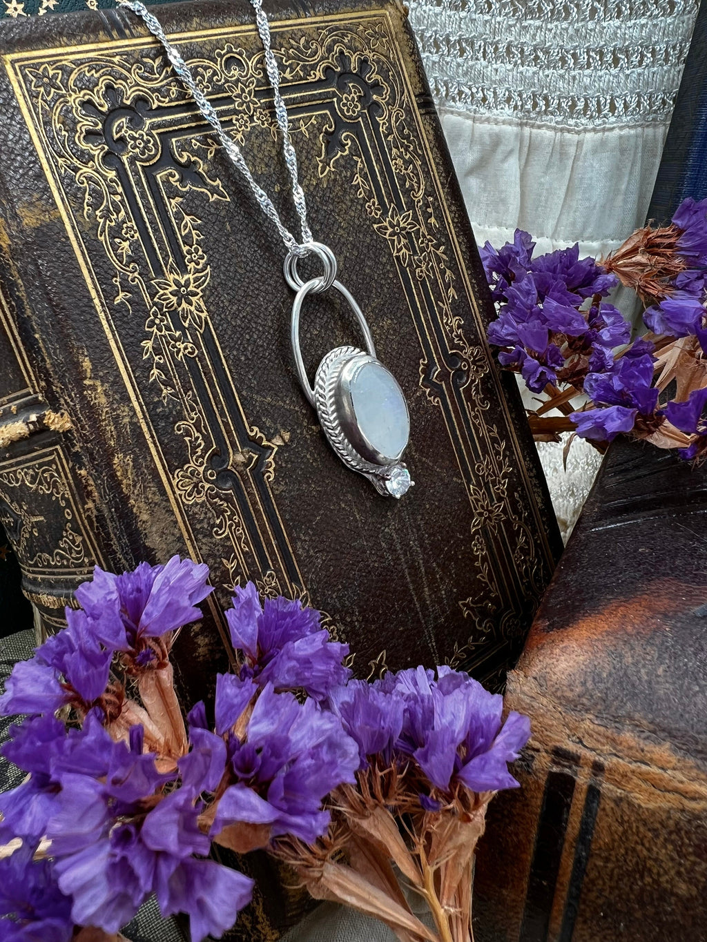 Moonstone and CZ Crystal Pendant Necklace