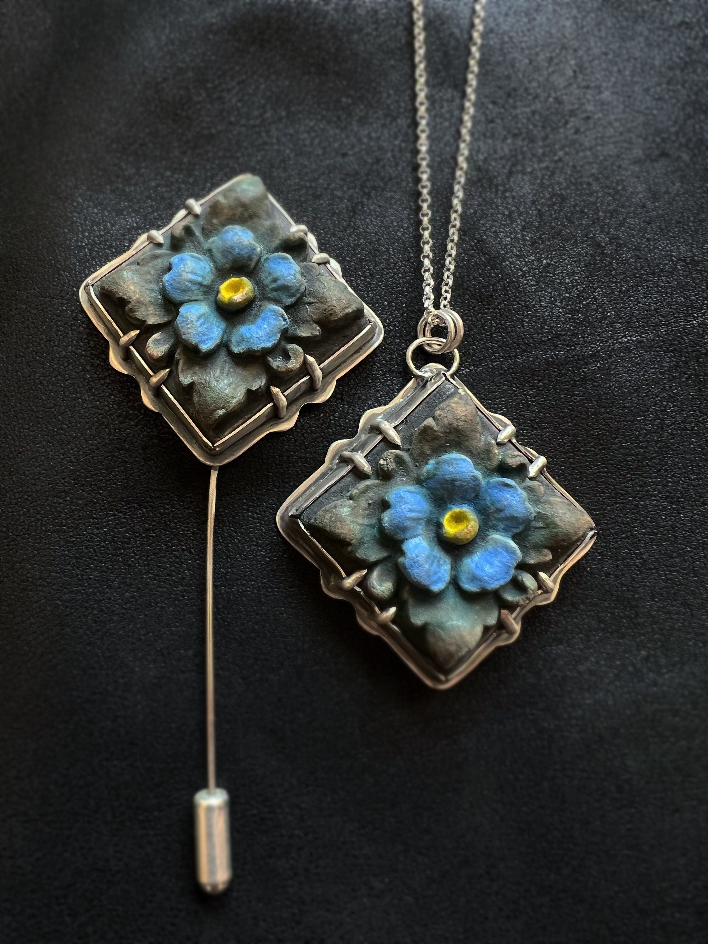Forget-Me-Not Flower Tile Necklace Pendant in collaboration with Alexis Ellison