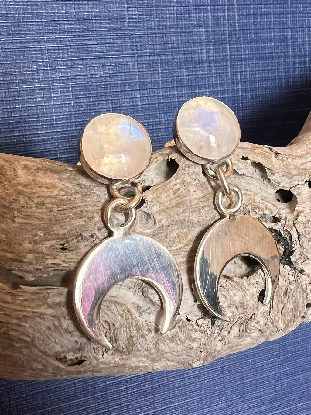 Crescent Moon Stud Rainbow Moonstone Earrings