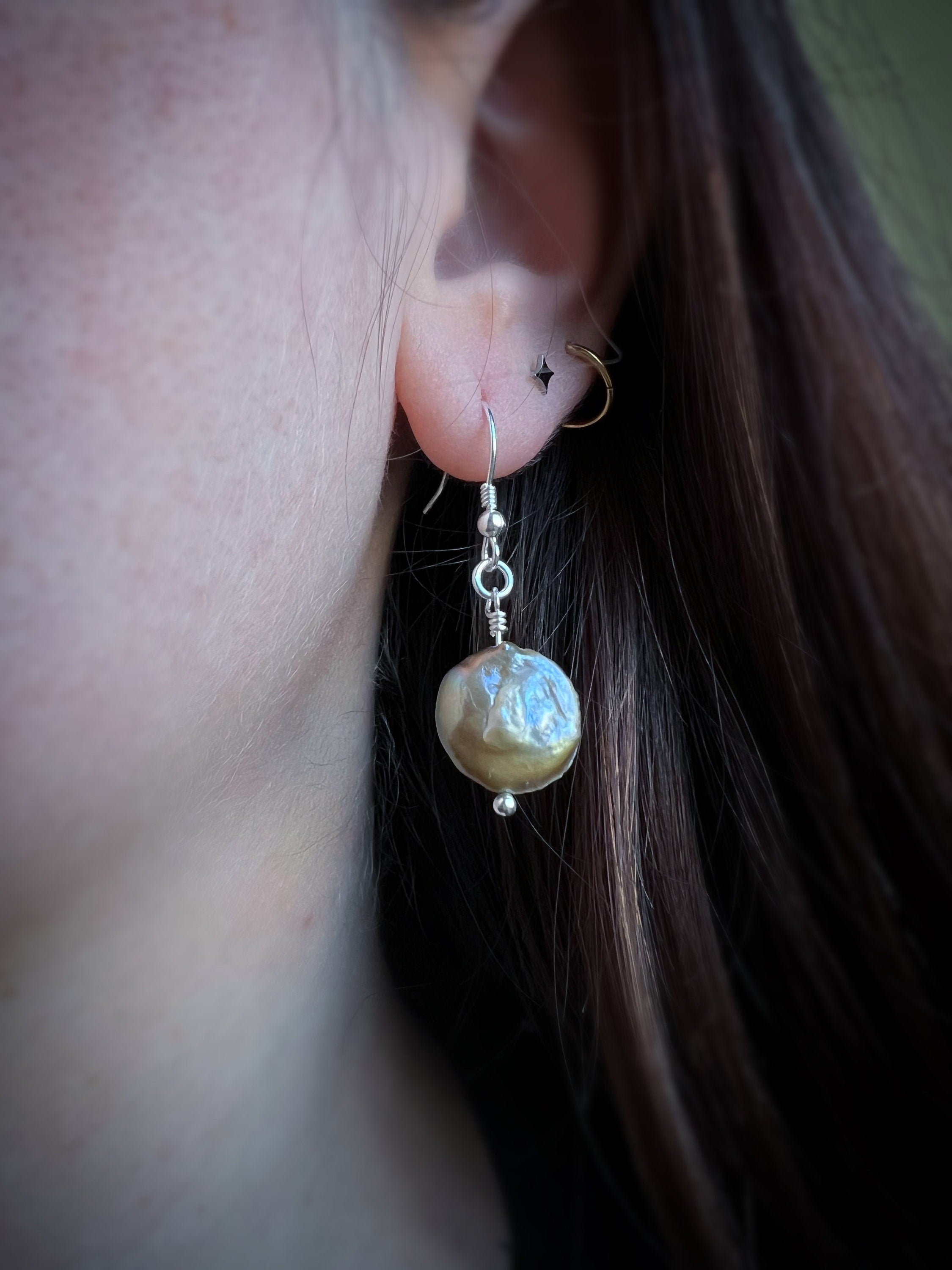 Pearl Moon - Button Pearl Dangling Drop Earrings