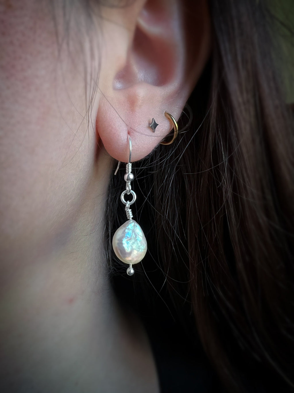 Pearl Moon - Button Pearl Dangling Drop Earrings