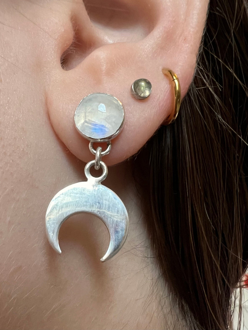Crescent Moon Stud Rainbow Moonstone Earrings