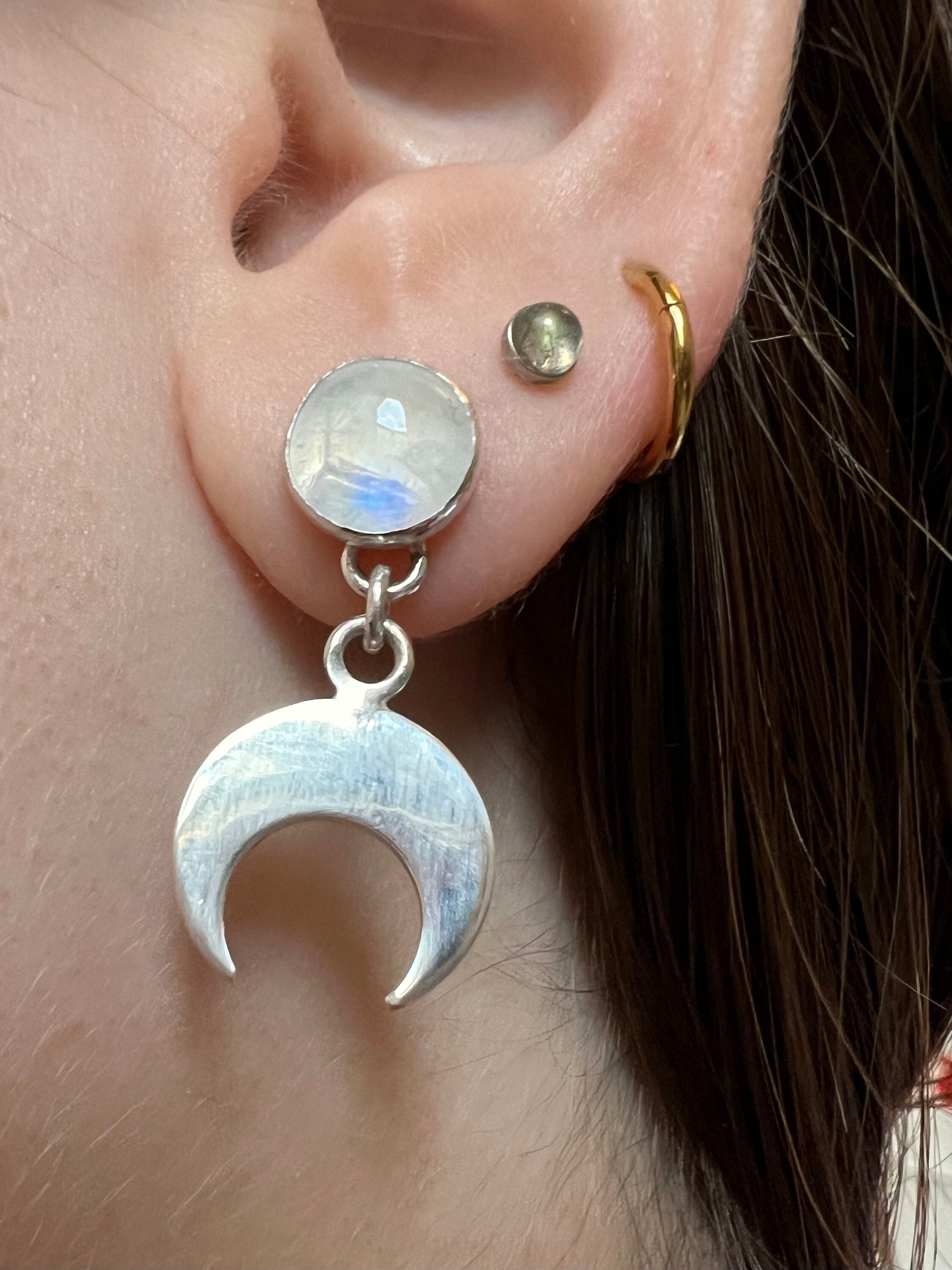 Crescent Moon Stud Rainbow Moonstone Earrings