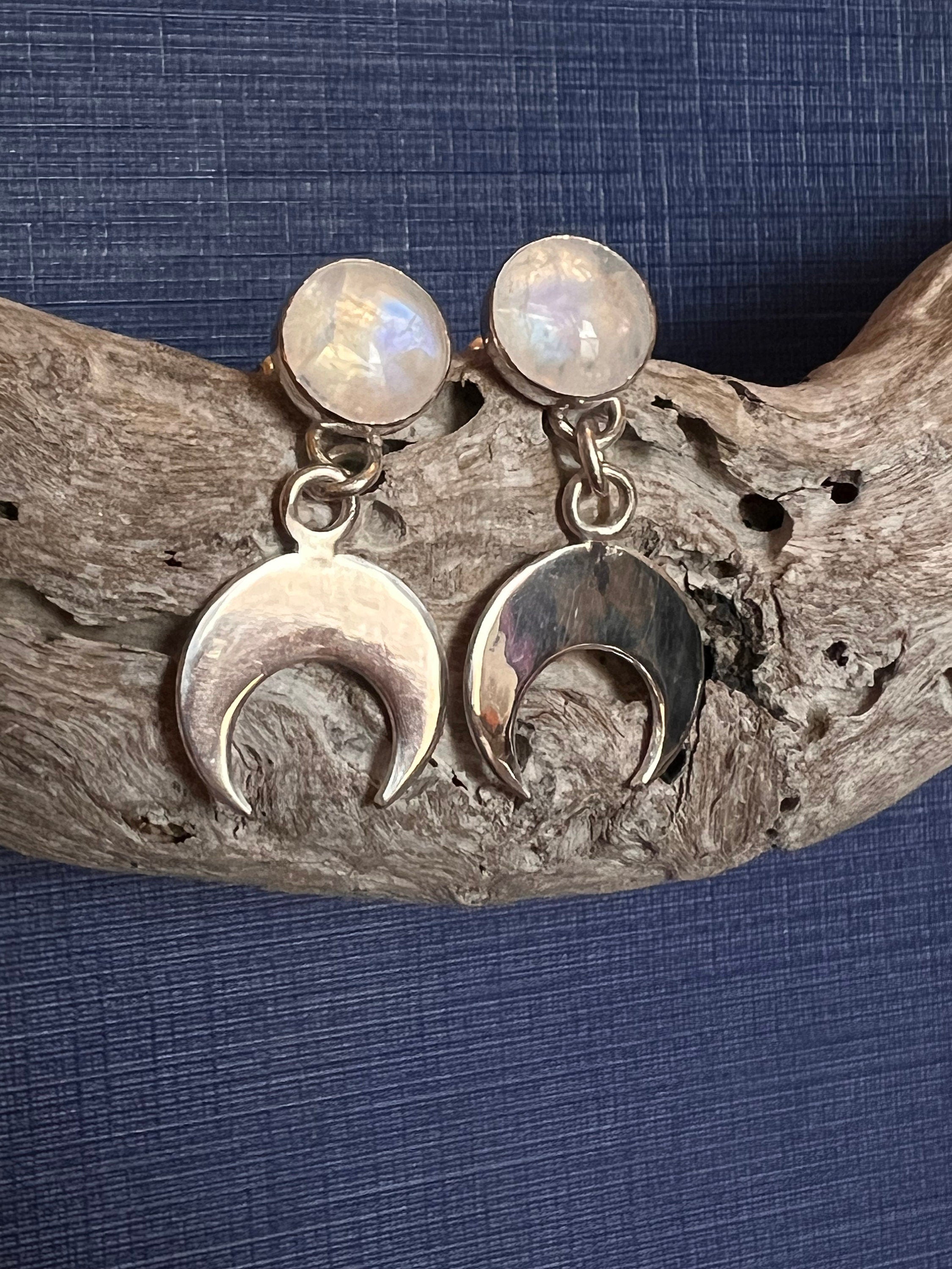 Crescent Moon Stud Rainbow Moonstone Earrings