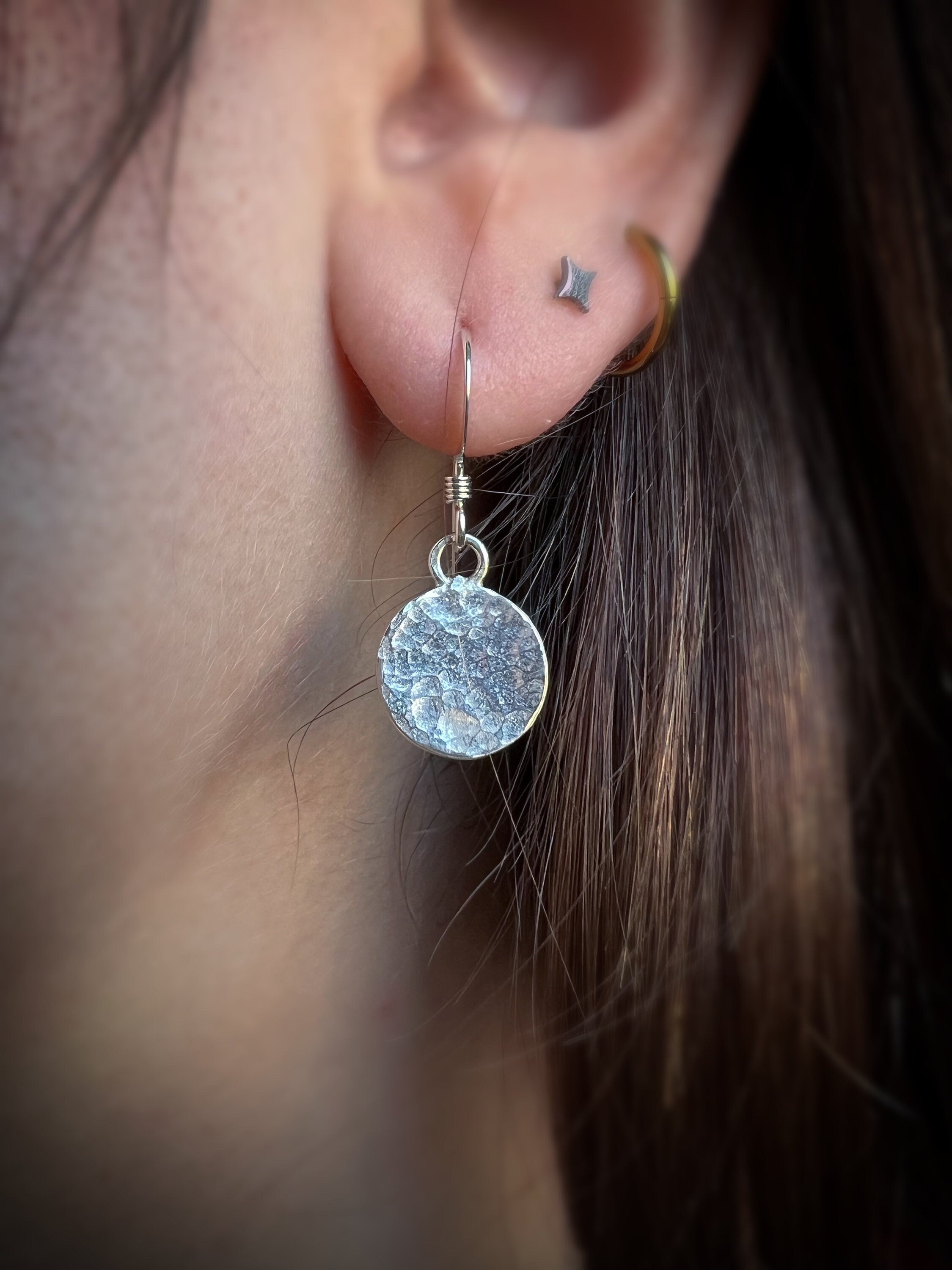 Luna Full Moon Hammered Circle Dangling Earrings