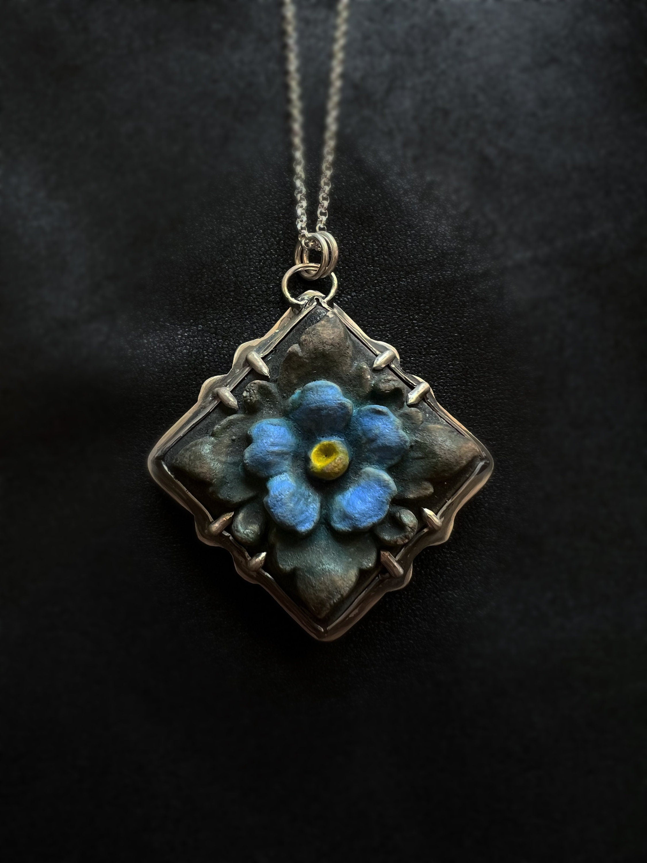 Forget-Me-Not Flower Tile Necklace Pendant in collaboration with Alexis Ellison