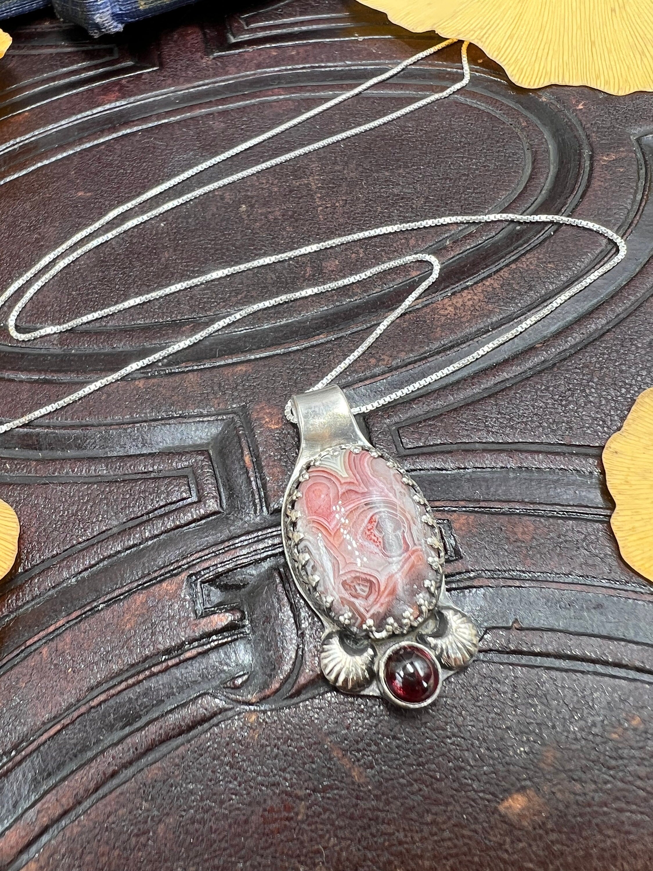Autumn Forest Agate and Garnet Pendant Necklace