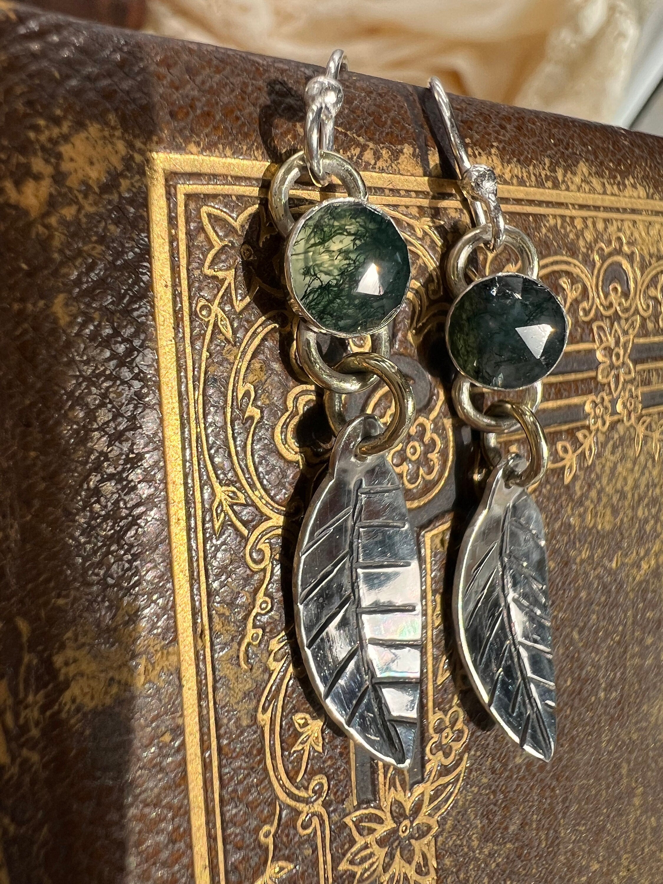 Moss Agate Natural Leaf Dangling Earrings