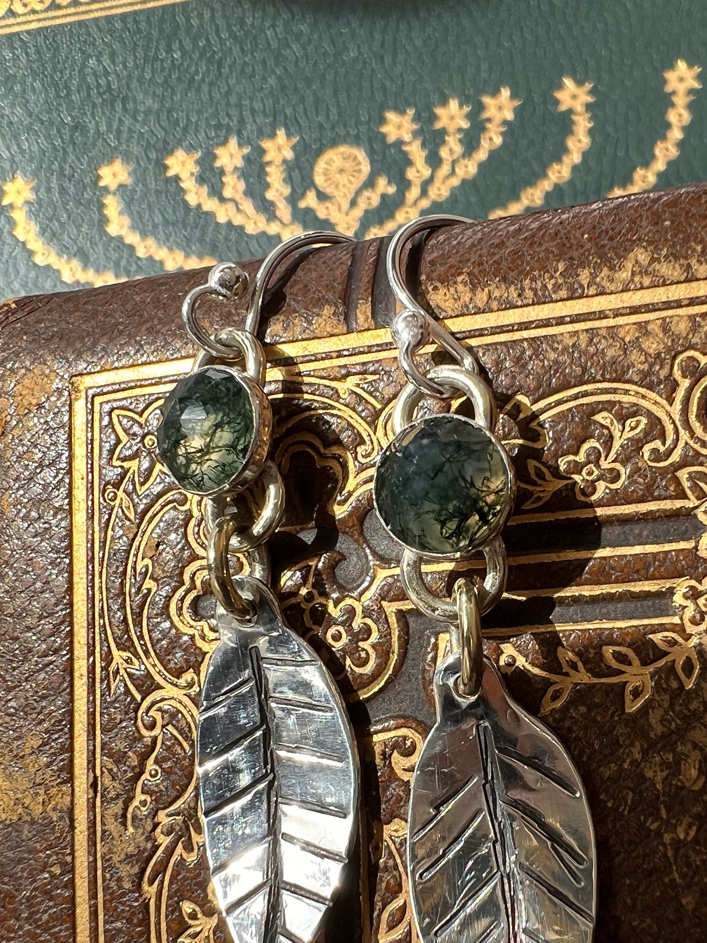 Moss Agate Natural Leaf Dangling Earrings
