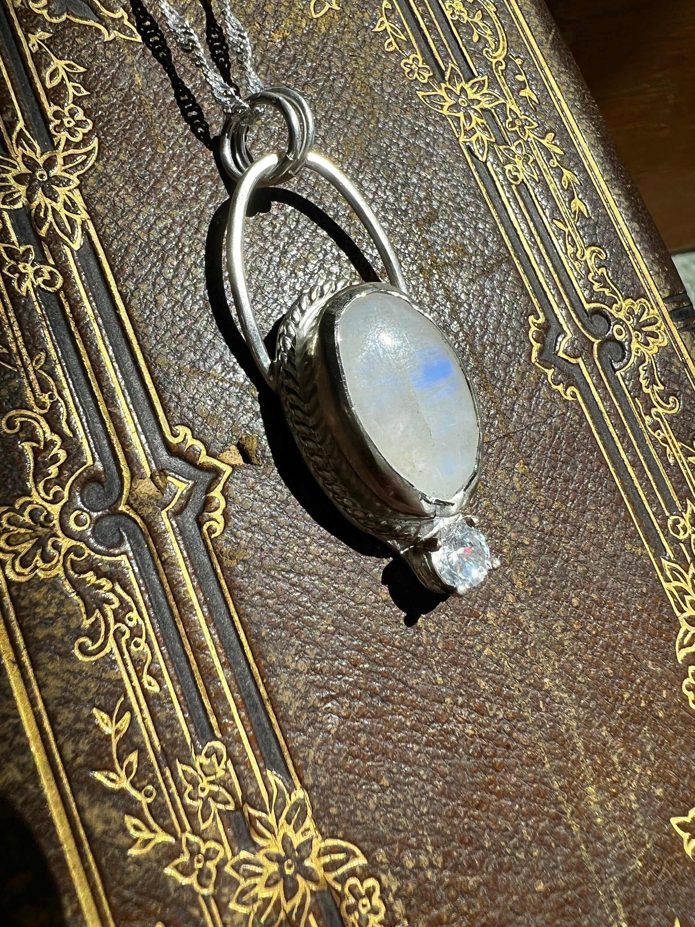 Moonstone and CZ Crystal Pendant Necklace
