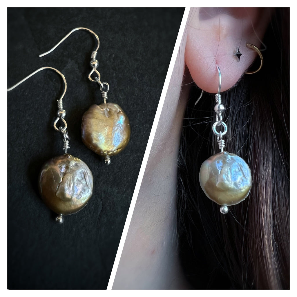 Pearl Moon - Button Pearl Dangling Drop Earrings