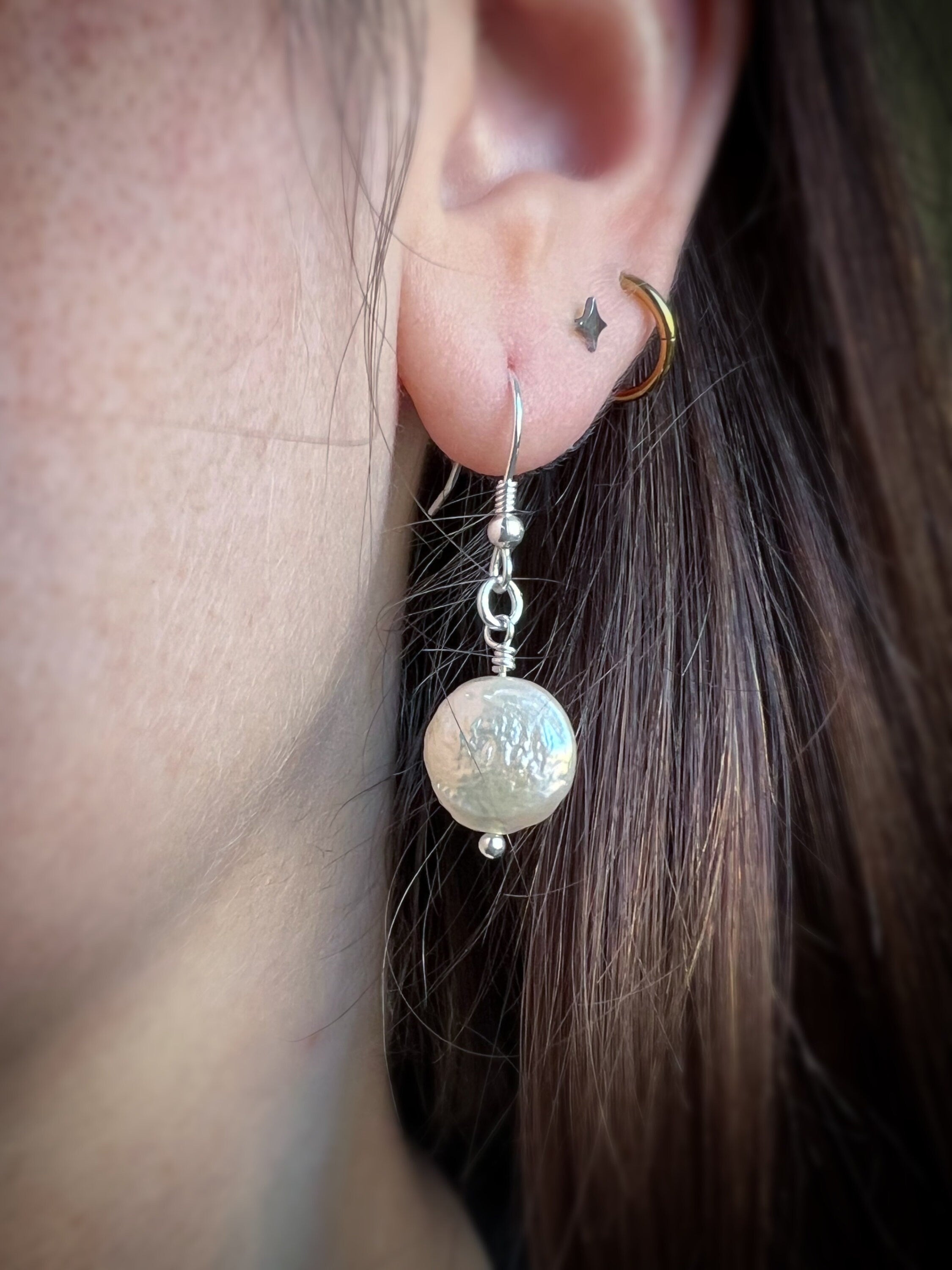 Pearl Moon - Button Pearl Dangling Drop Earrings