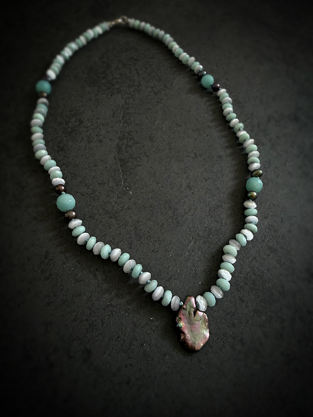 Amazonite, Cat’s Eye, Black Pearl & Baroque Necklace