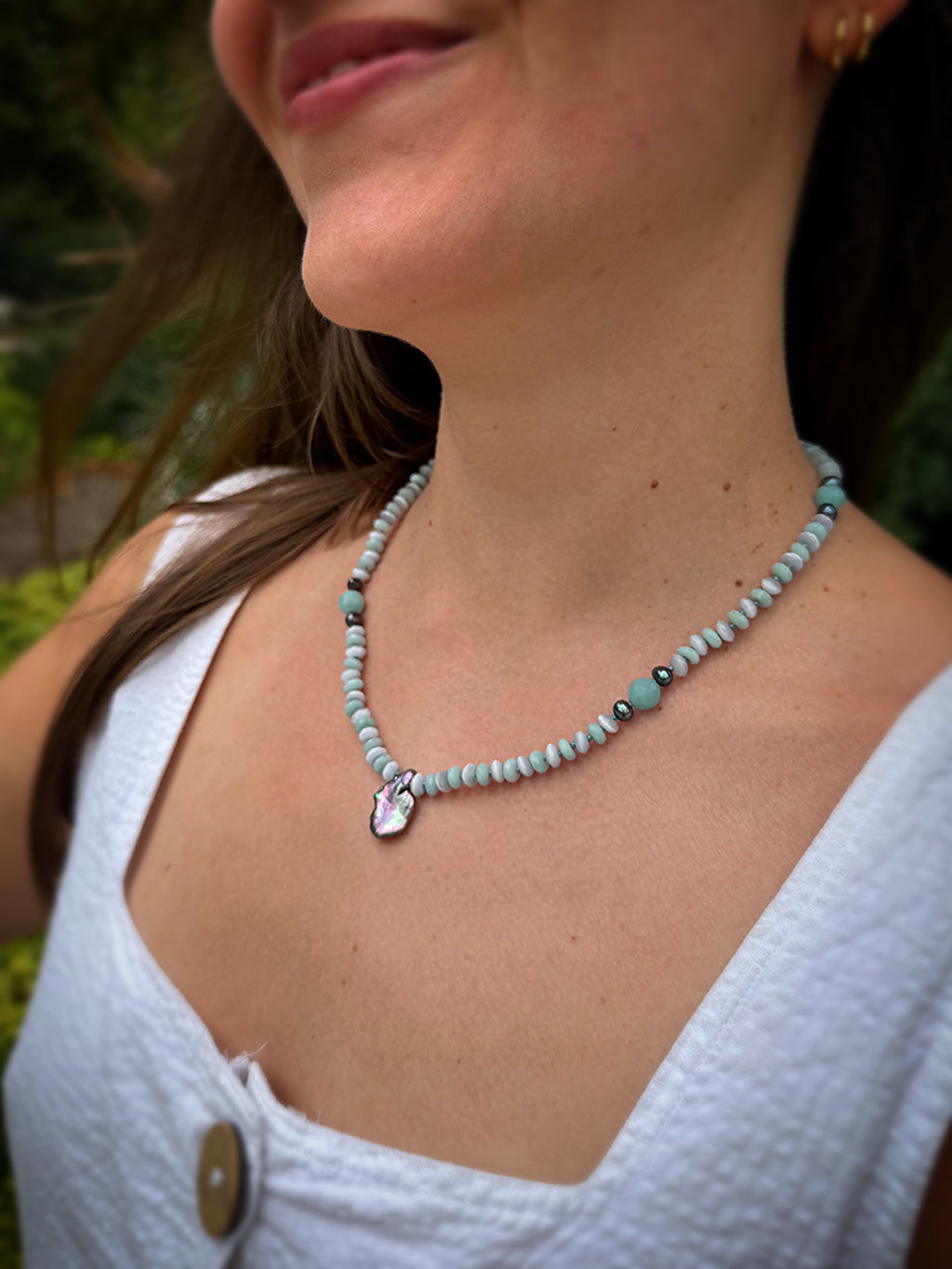 Amazonite, Cat’s Eye, Black Pearl & Baroque Necklace