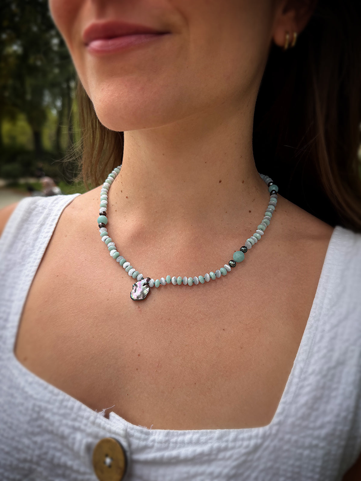 Amazonite, Cat’s Eye, Black Pearl & Baroque Necklace
