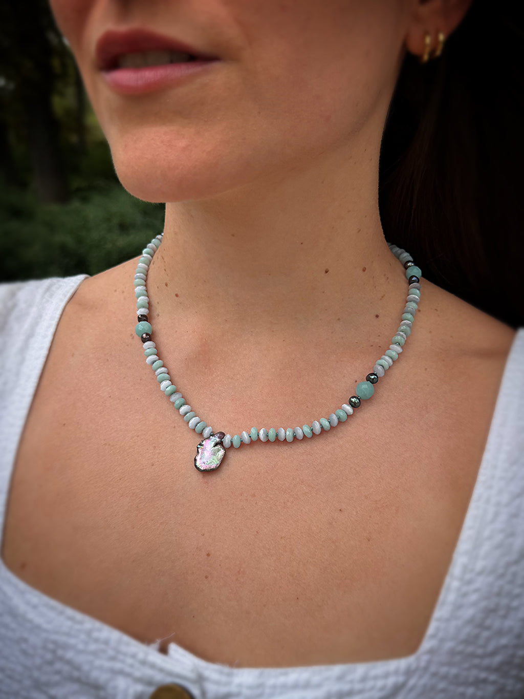 Amazonite, Cat’s Eye, Black Pearl & Baroque Necklace