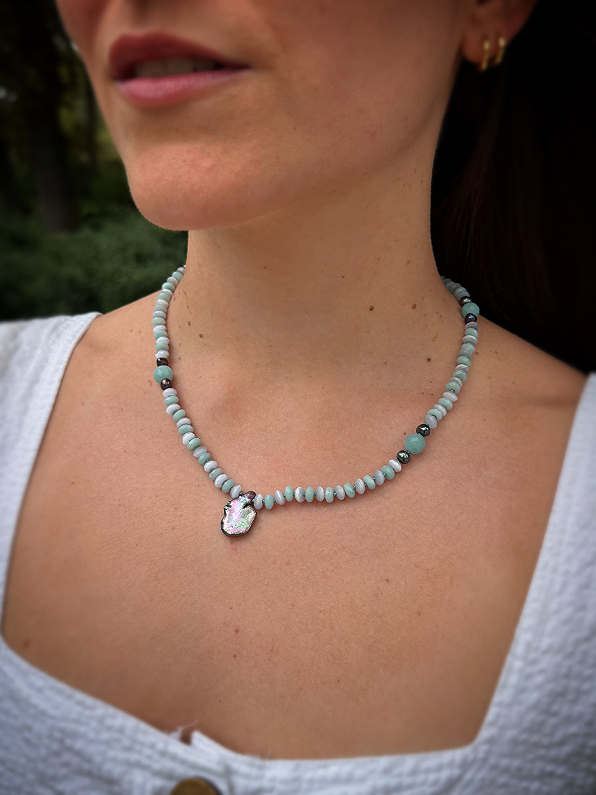 Amazonite, Cat’s Eye, Black Pearl & Baroque Necklace