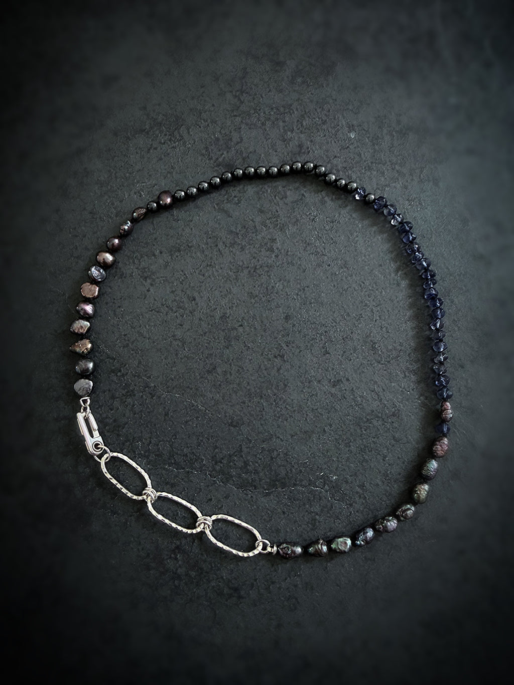 Black Pearl, Hematite & Iolite Silver Necklace