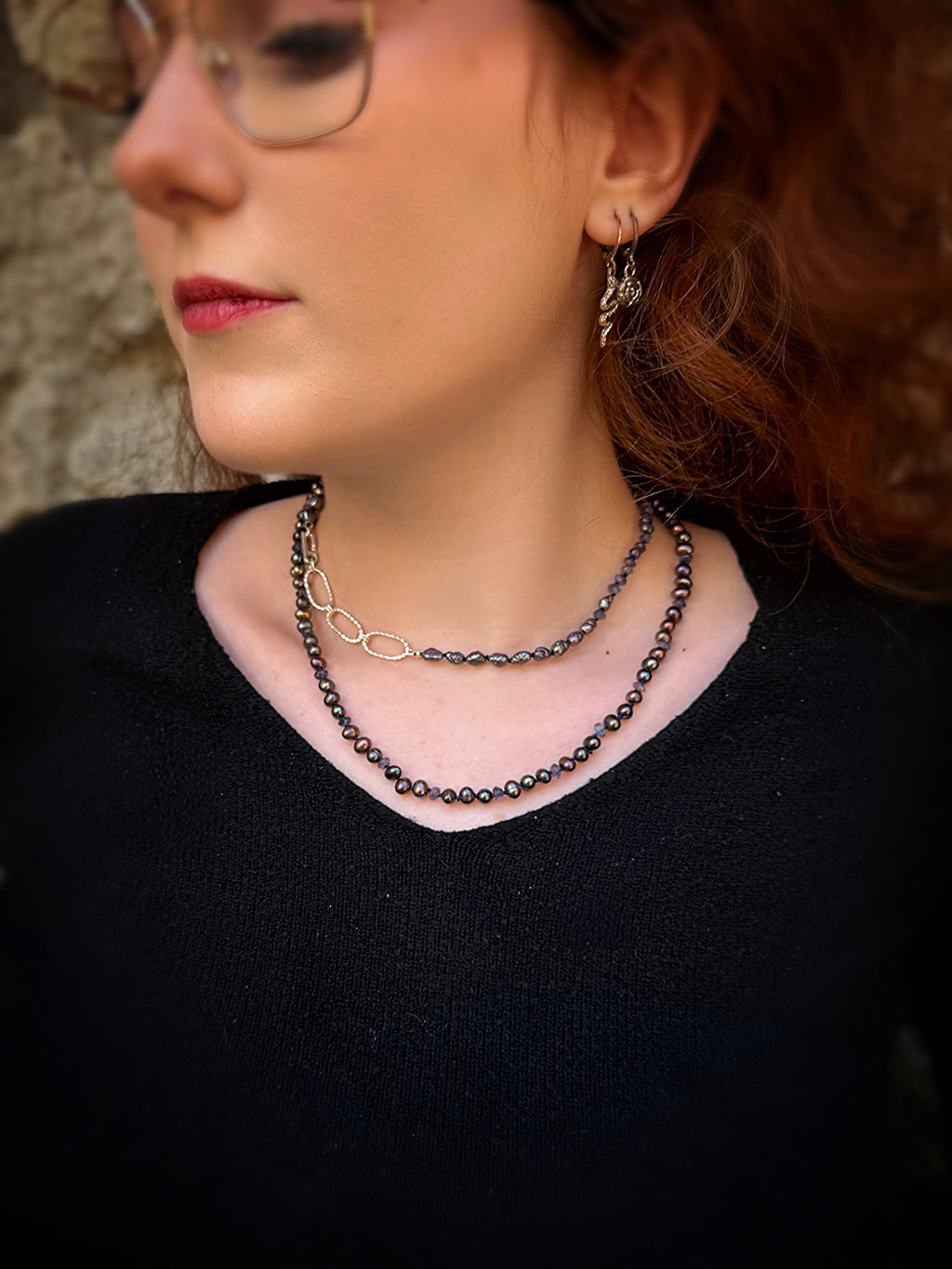 Black Pearl & Iolite 14K Yellow Gold Necklace
