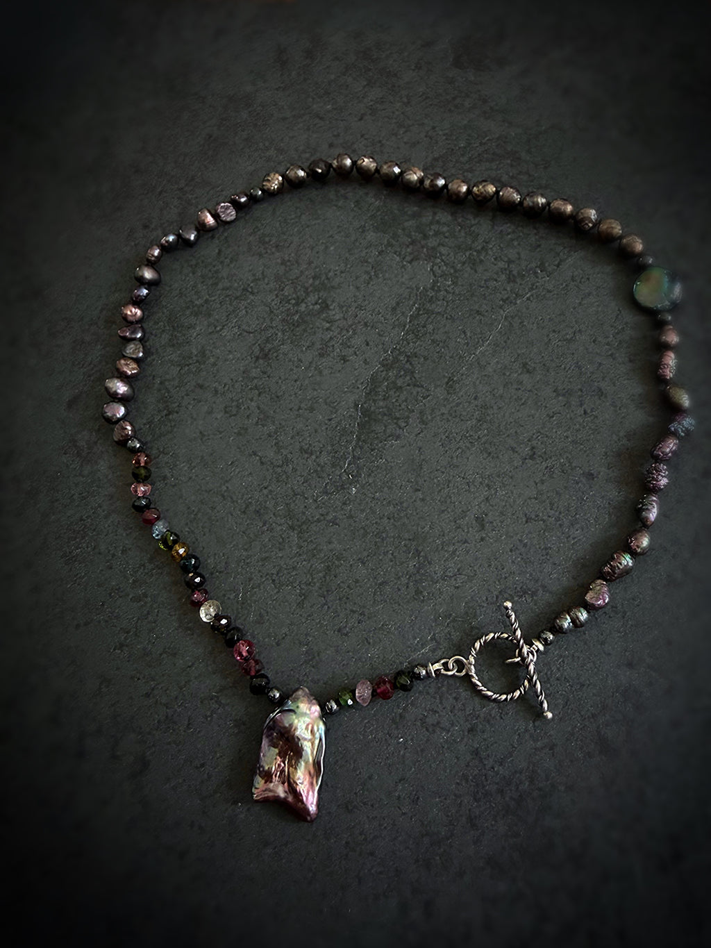 Black Pearl, Baroque Pearl & Tourmaline Asymmetrical Necklace