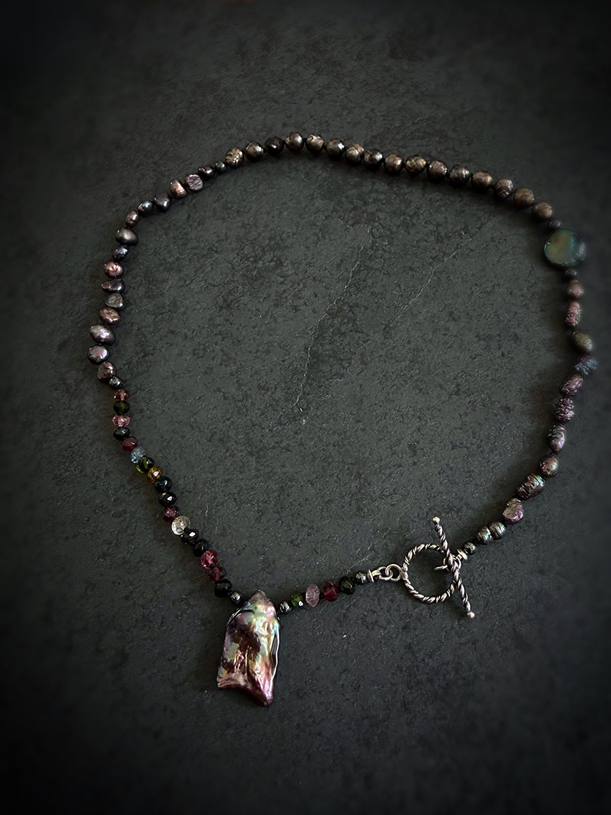 Black Pearl, Baroque Pearl & Tourmaline Asymmetrical Necklace