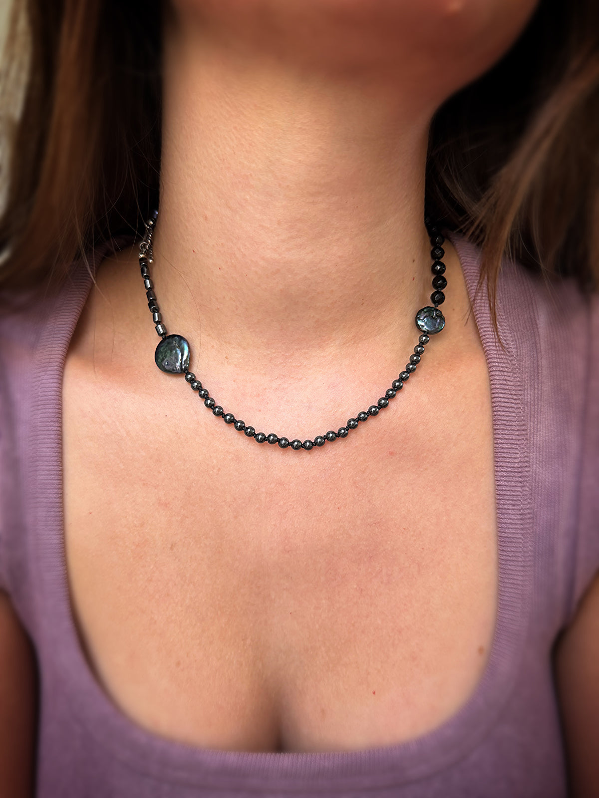 Black Pearl, Hematite & Onyx Necklace
