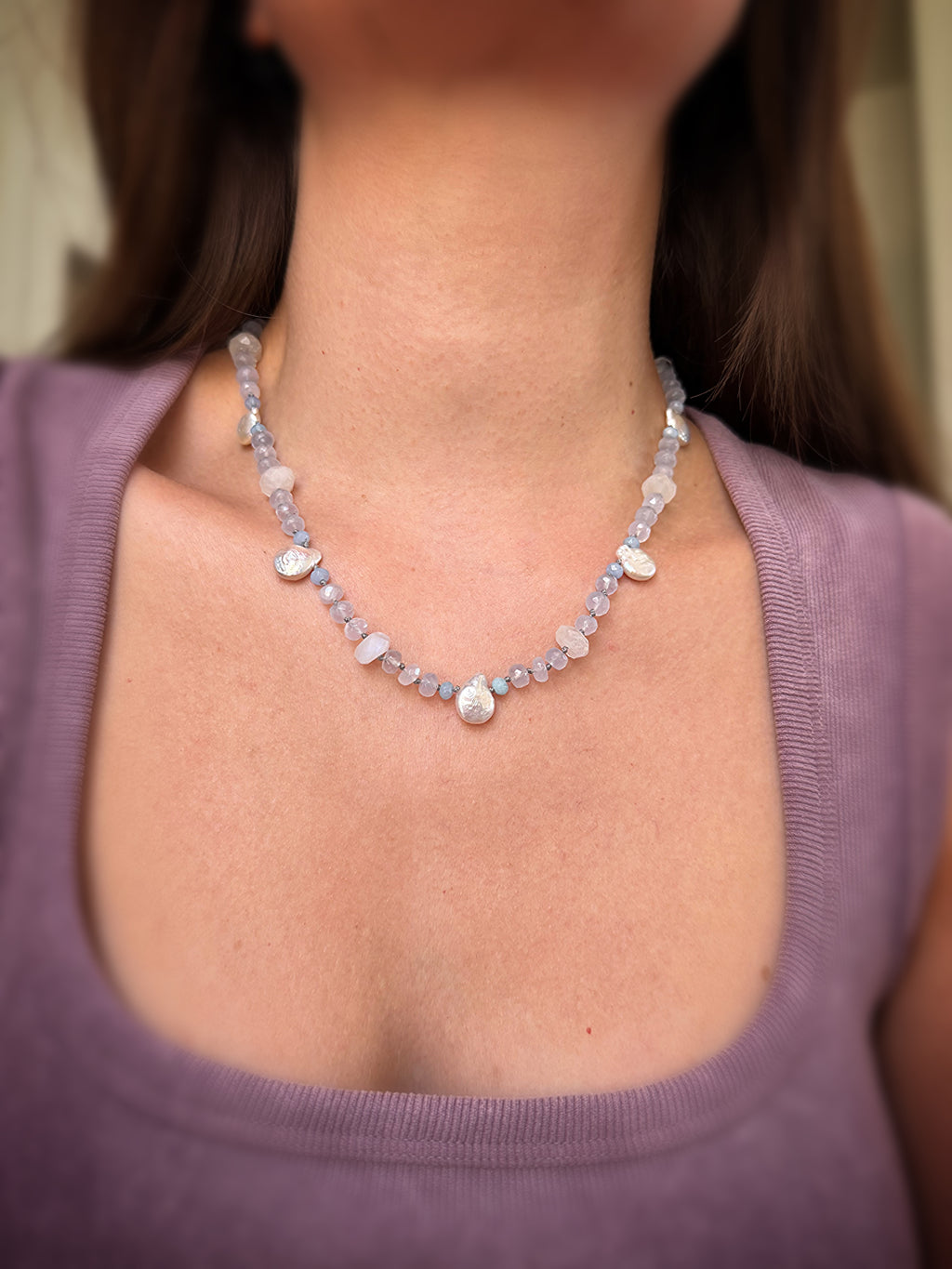 Chalcedony, Moonstone & Baroque Pearl Necklace