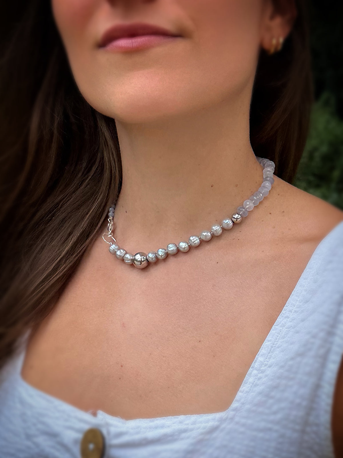 Grey Pearl & Chalcedony Silver Necklace