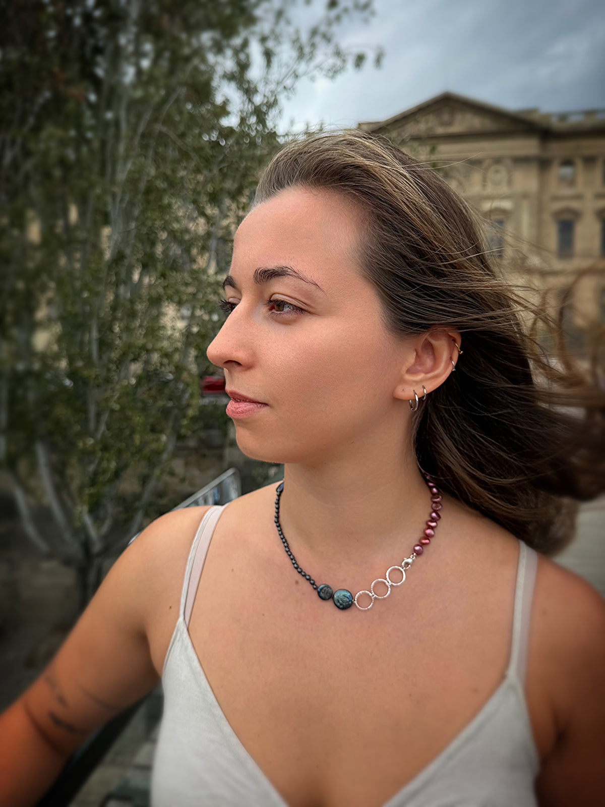 Pink Pearl & Hematite Silver Necklace