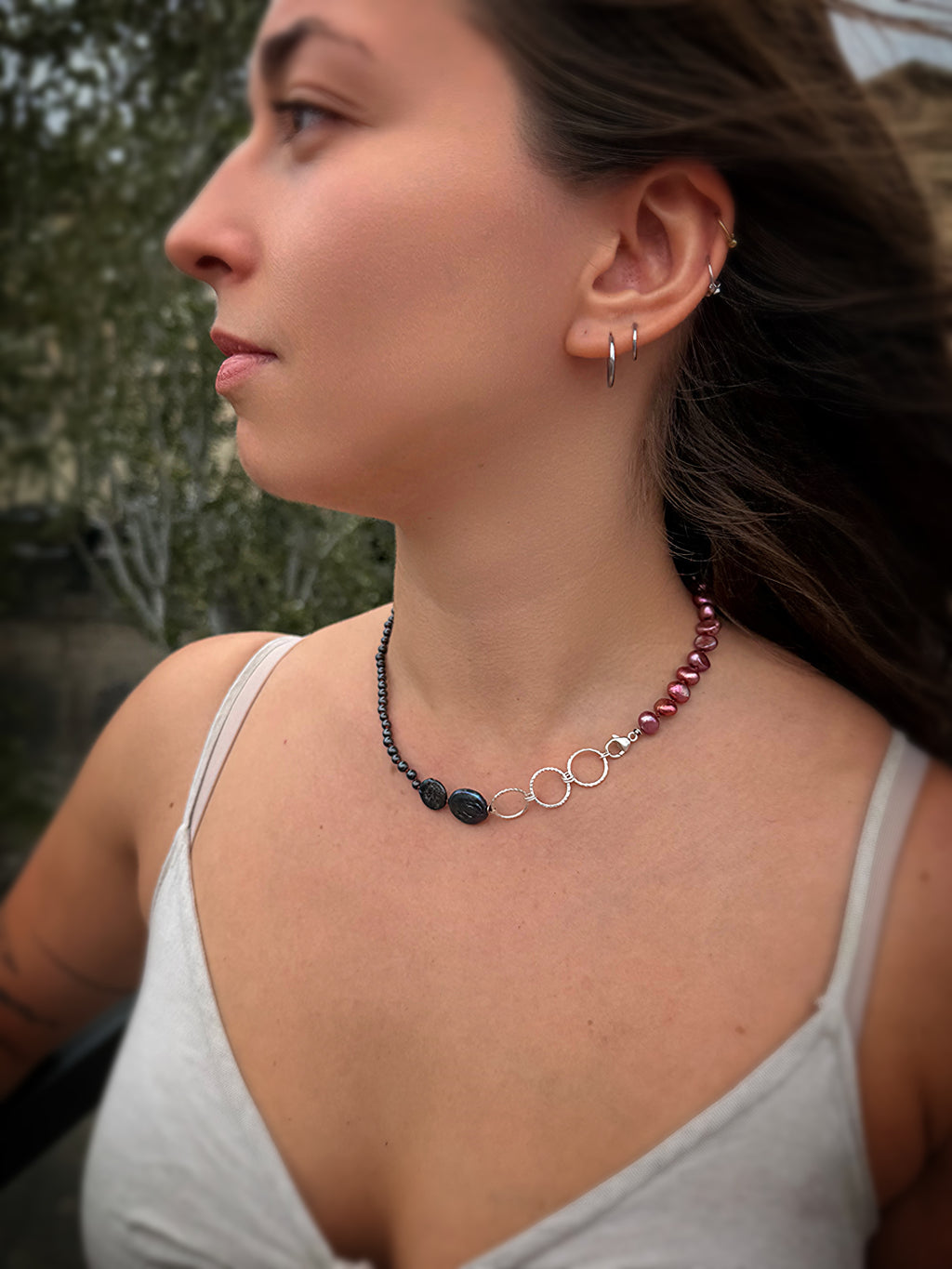 Pink Pearl & Hematite Silver Necklace