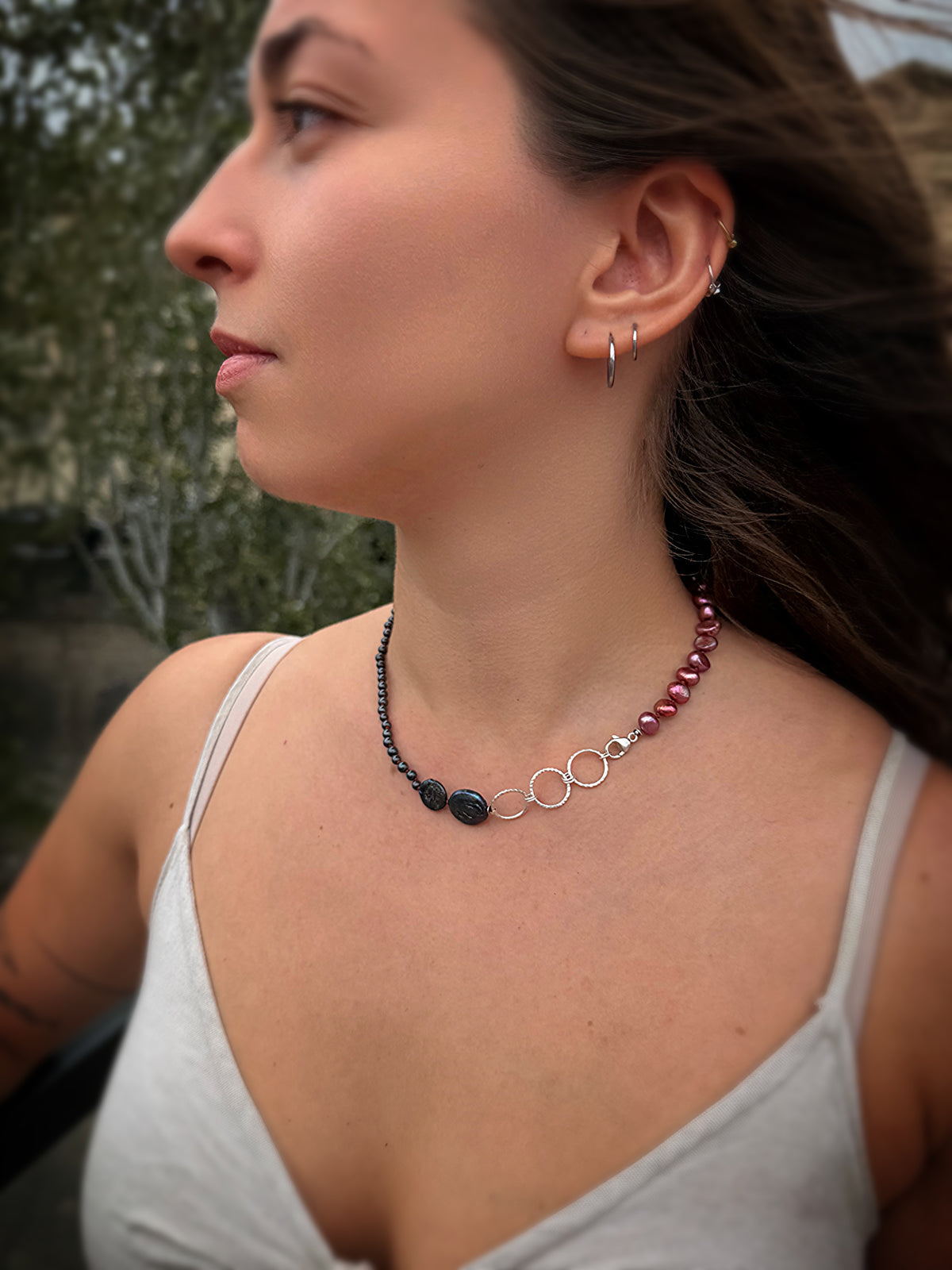 Pink Pearl & Hematite Silver Necklace