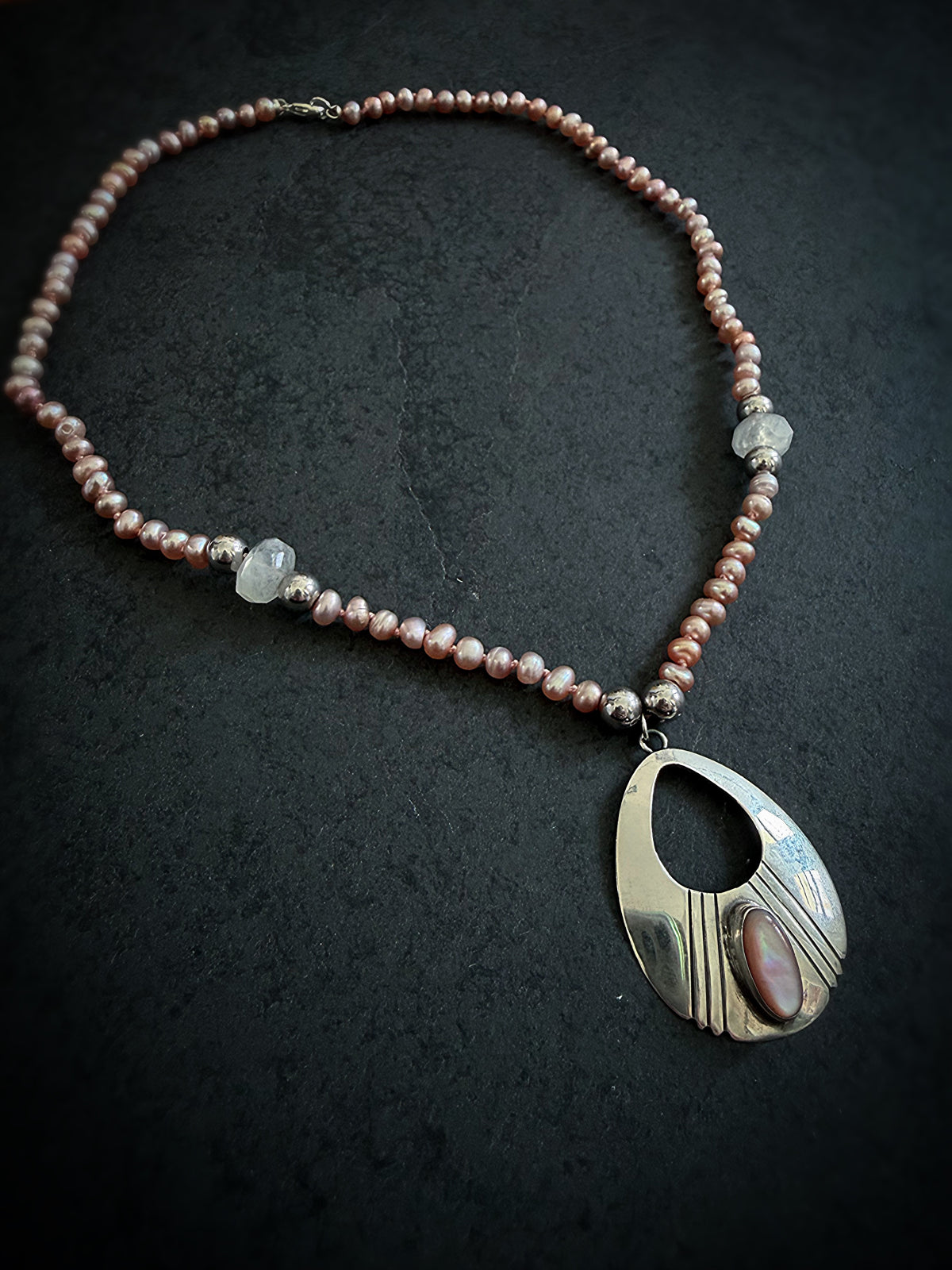 Pink Pearl, Moonstone & Silver Pendant Necklace