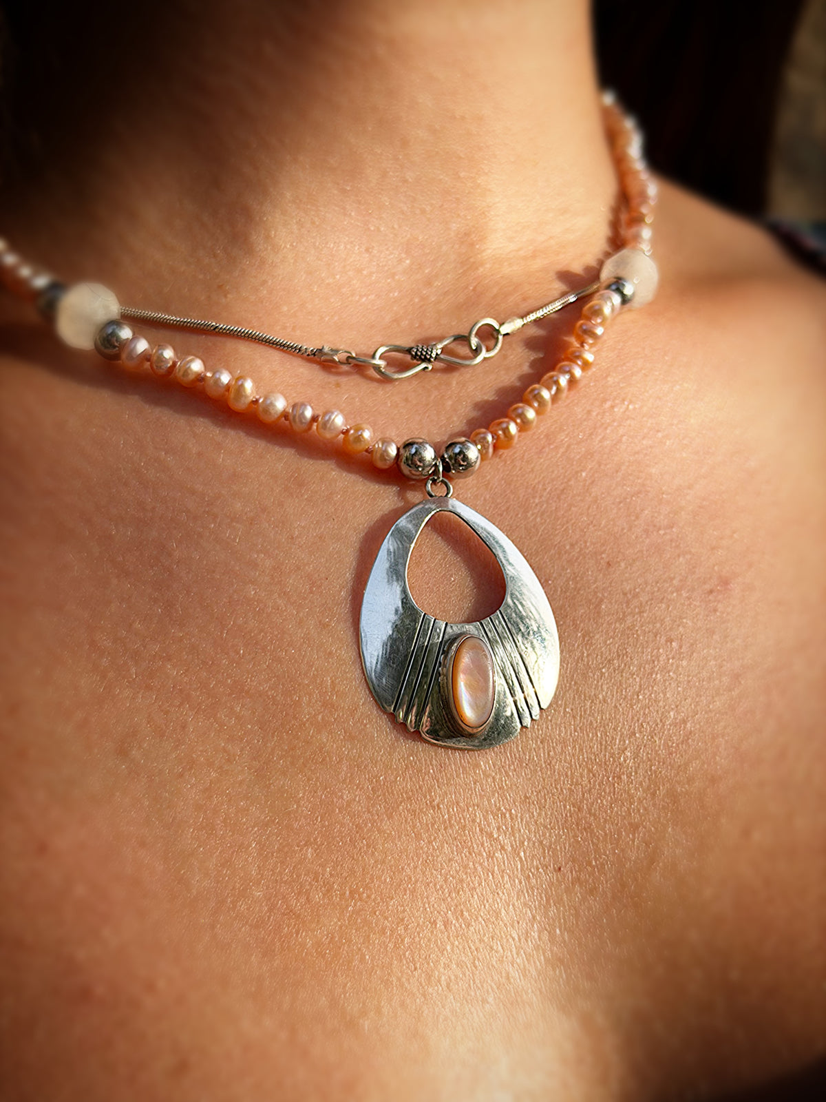 Pink Pearl, Moonstone & Silver Pendant Necklace