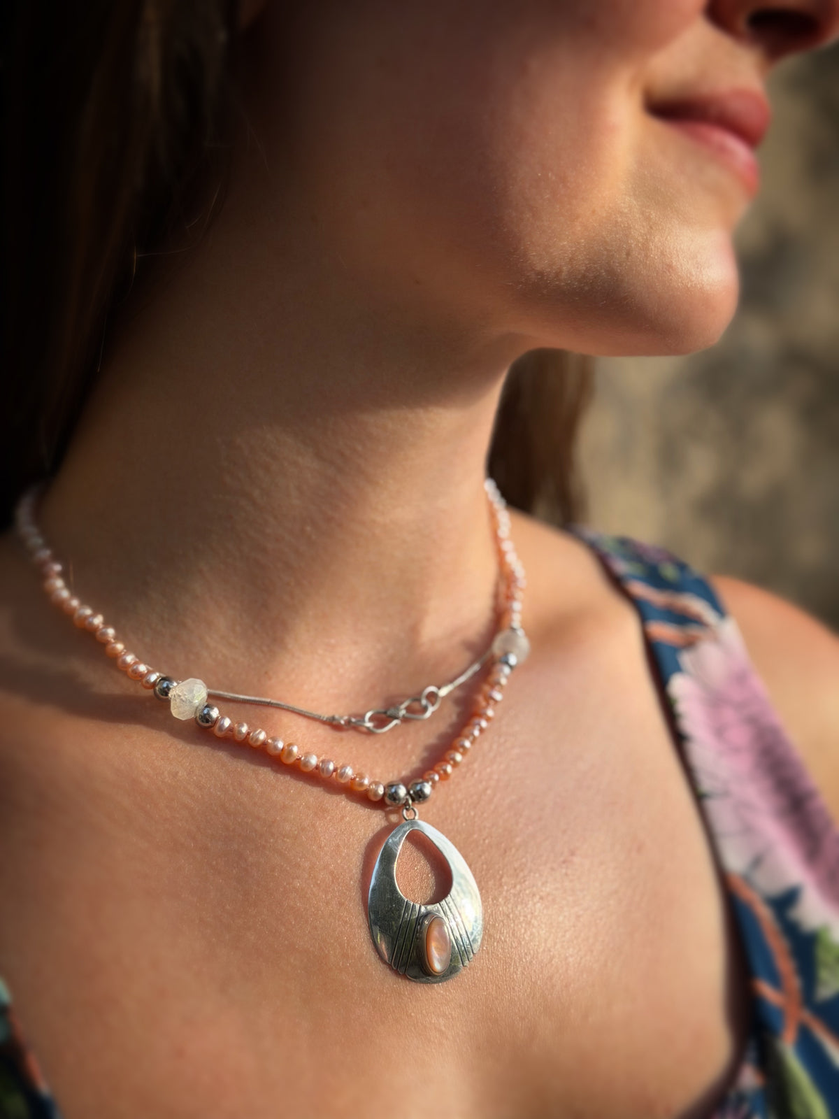 Pink Pearl, Moonstone & Silver Pendant Necklace