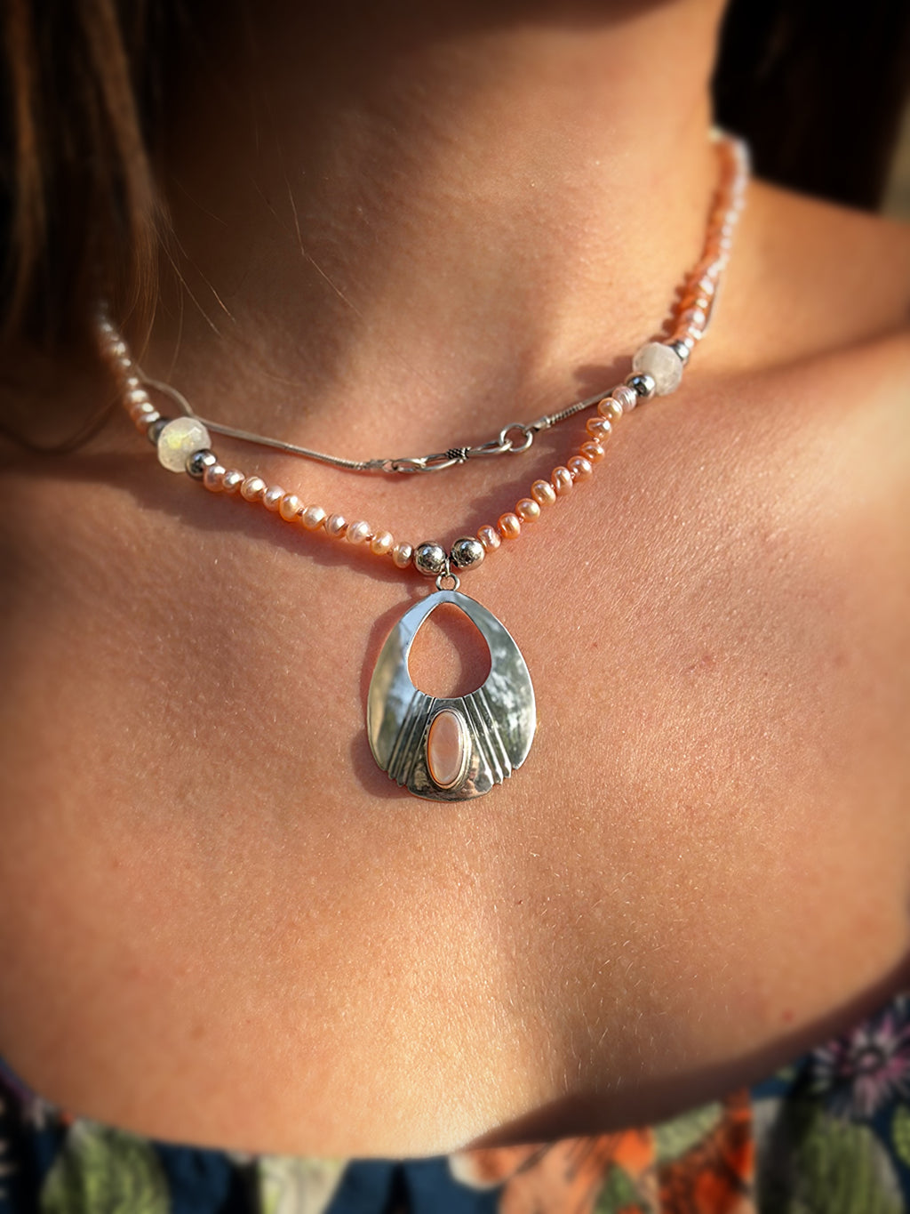 Pink Pearl, Moonstone & Silver Pendant Necklace