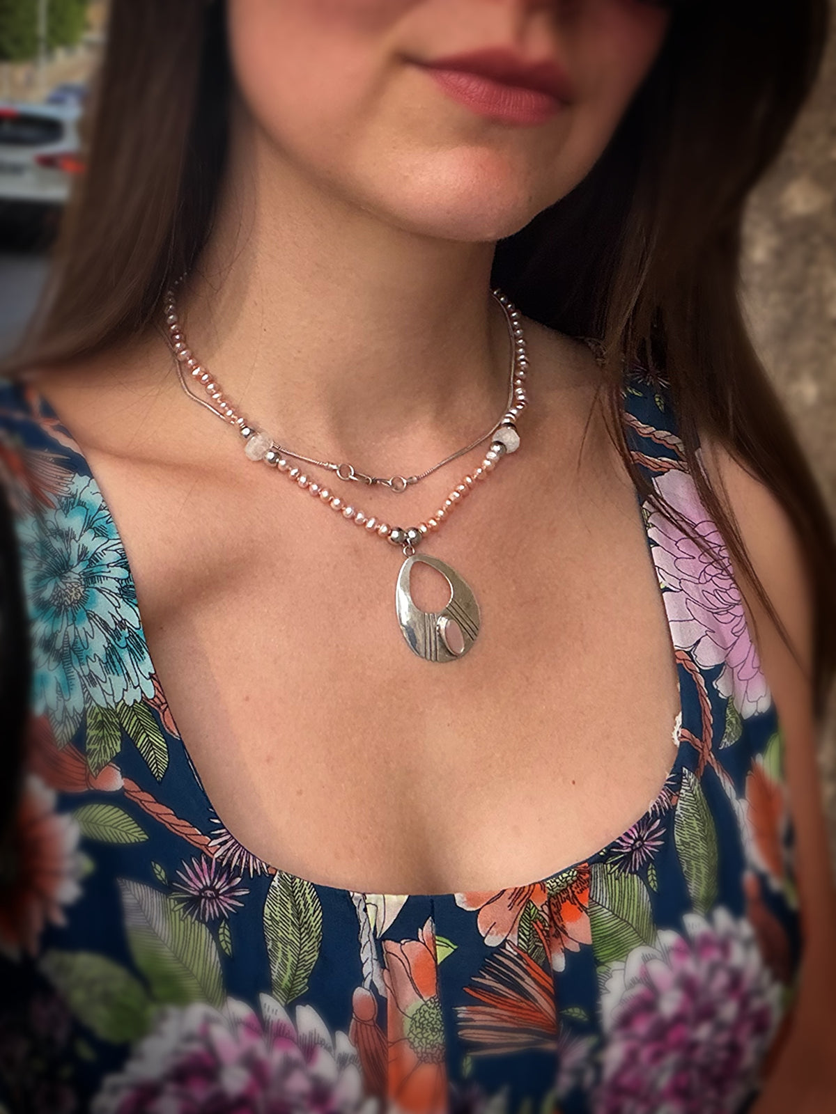 Pink Pearl, Moonstone & Silver Pendant Necklace
