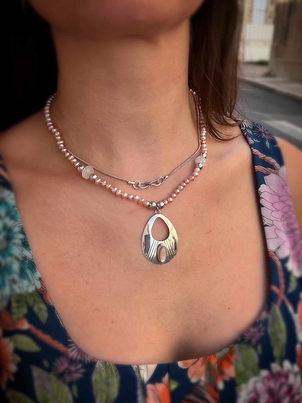 Pink Pearl, Moonstone & Silver Pendant Necklace